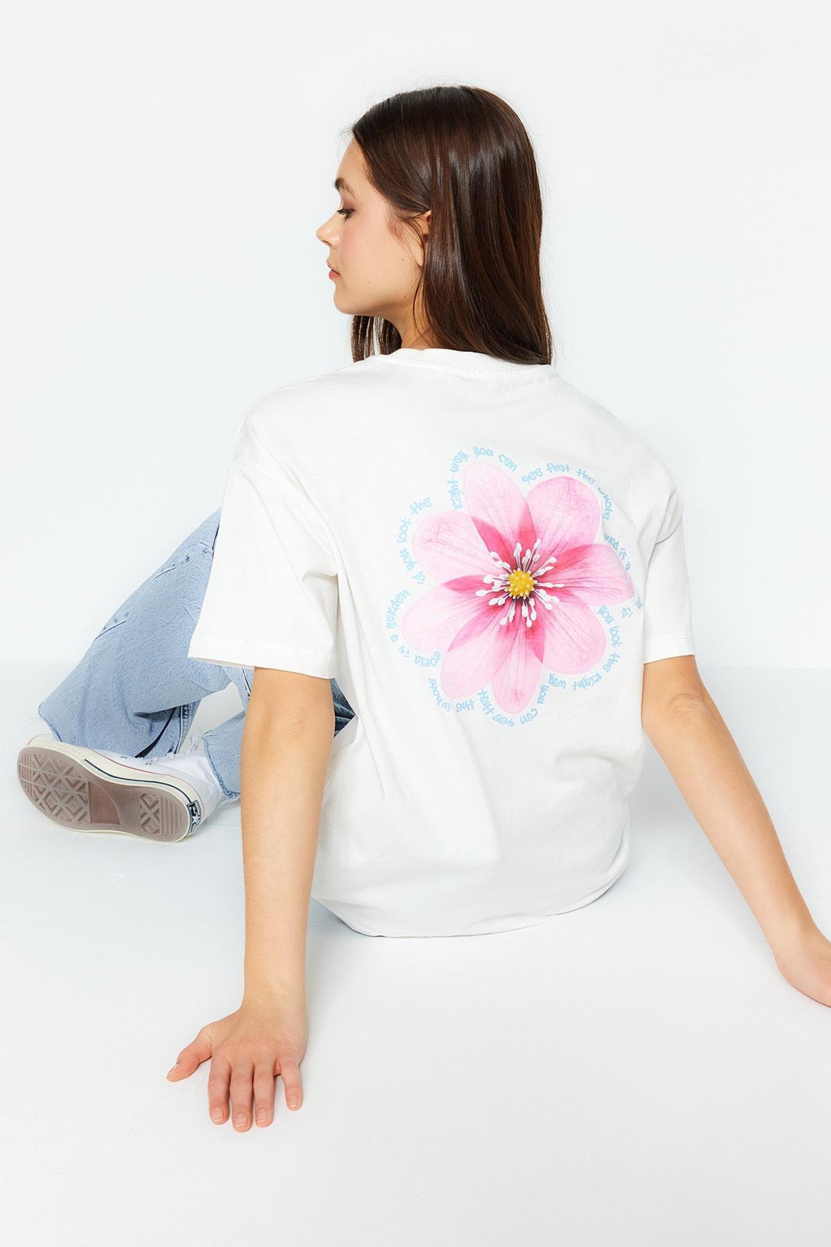 White Floral Crew Neck Relaxed T-Shirt, , large image number 0