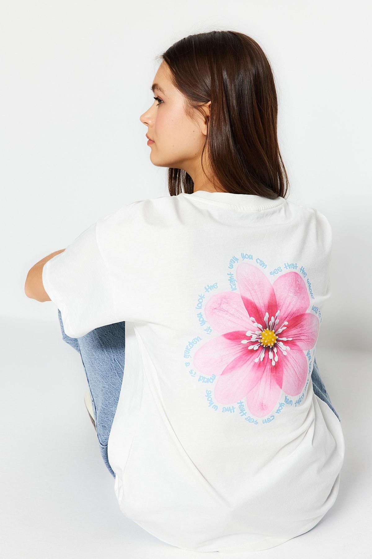 White Floral Crew Neck Relaxed T-Shirt, , large image number 1