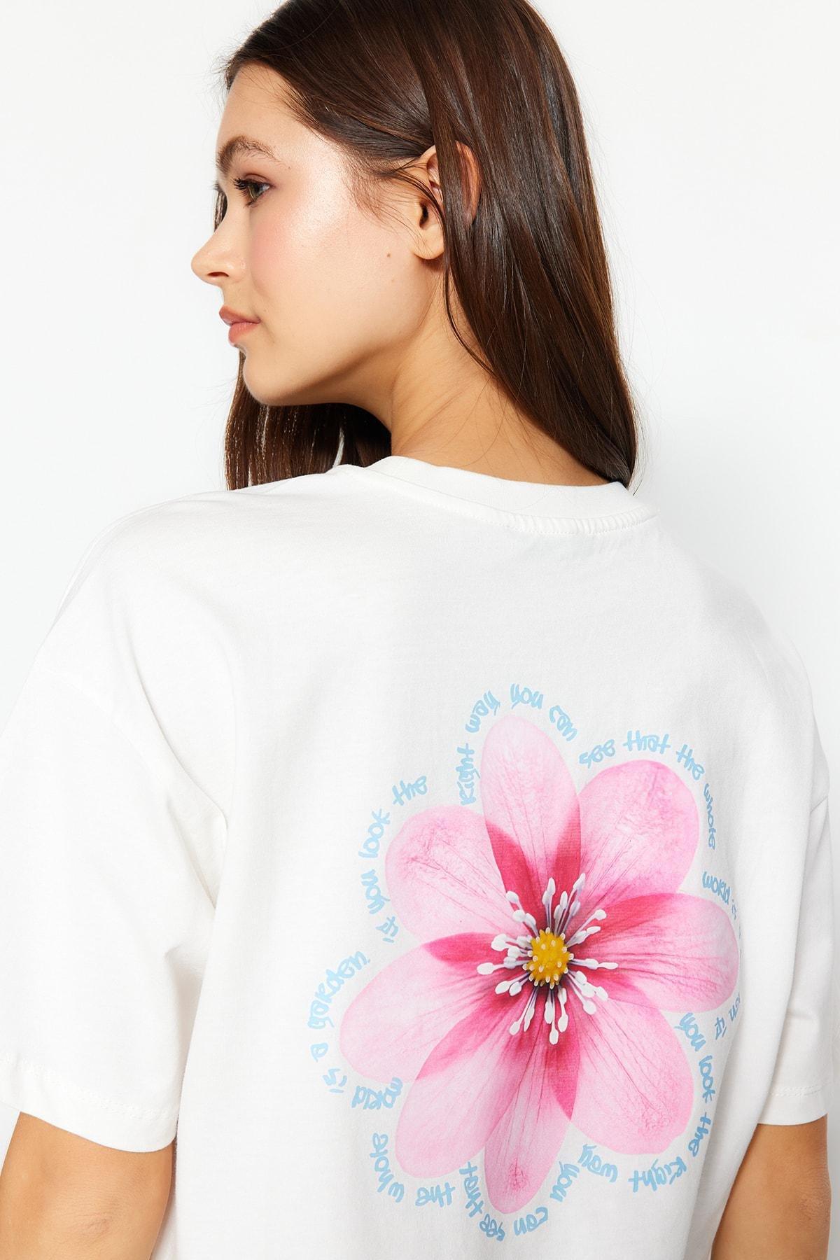 White Floral Crew Neck Relaxed T-Shirt, , large image number 4