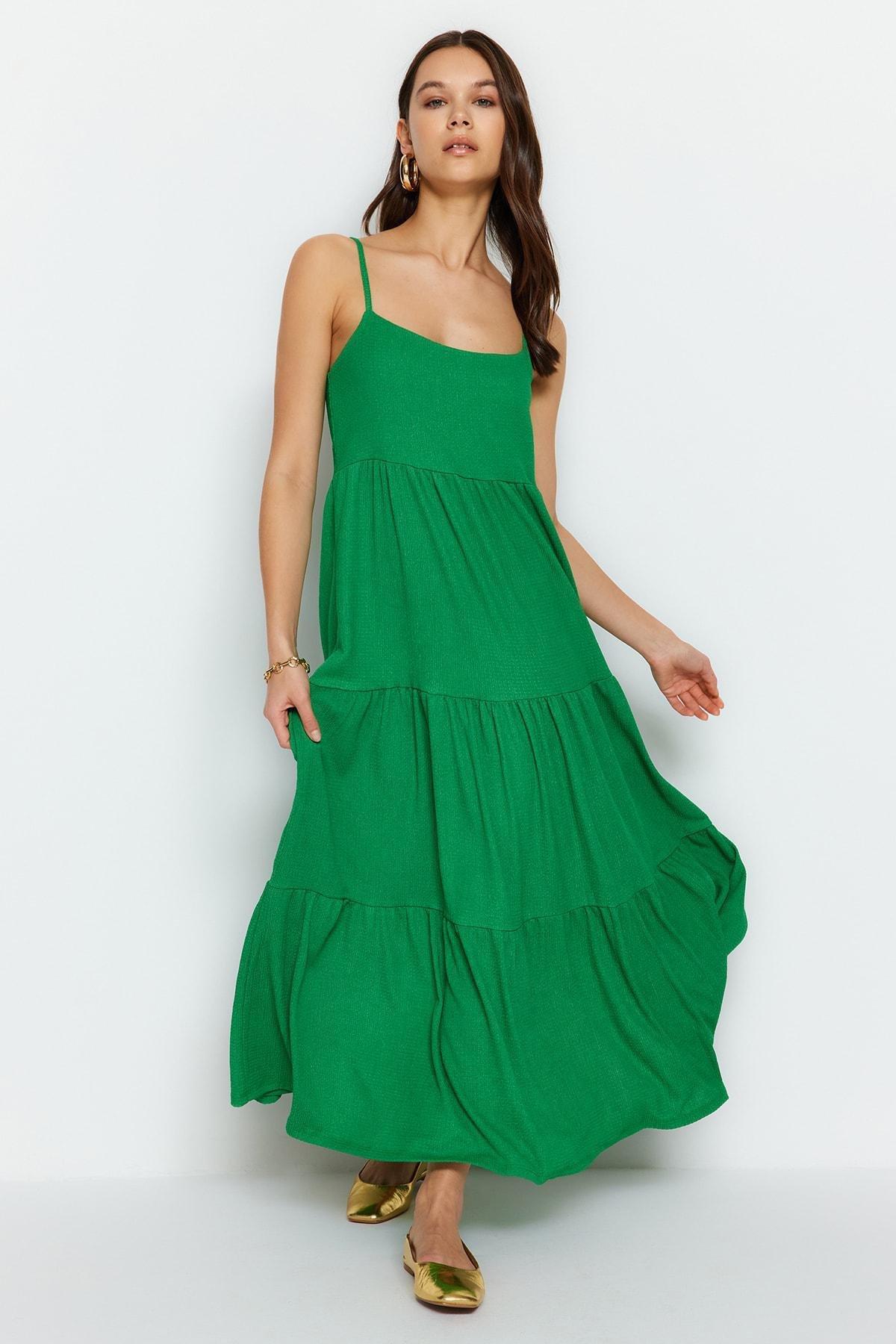 Green Floral Square Collared Skater Dress, , large image number 0