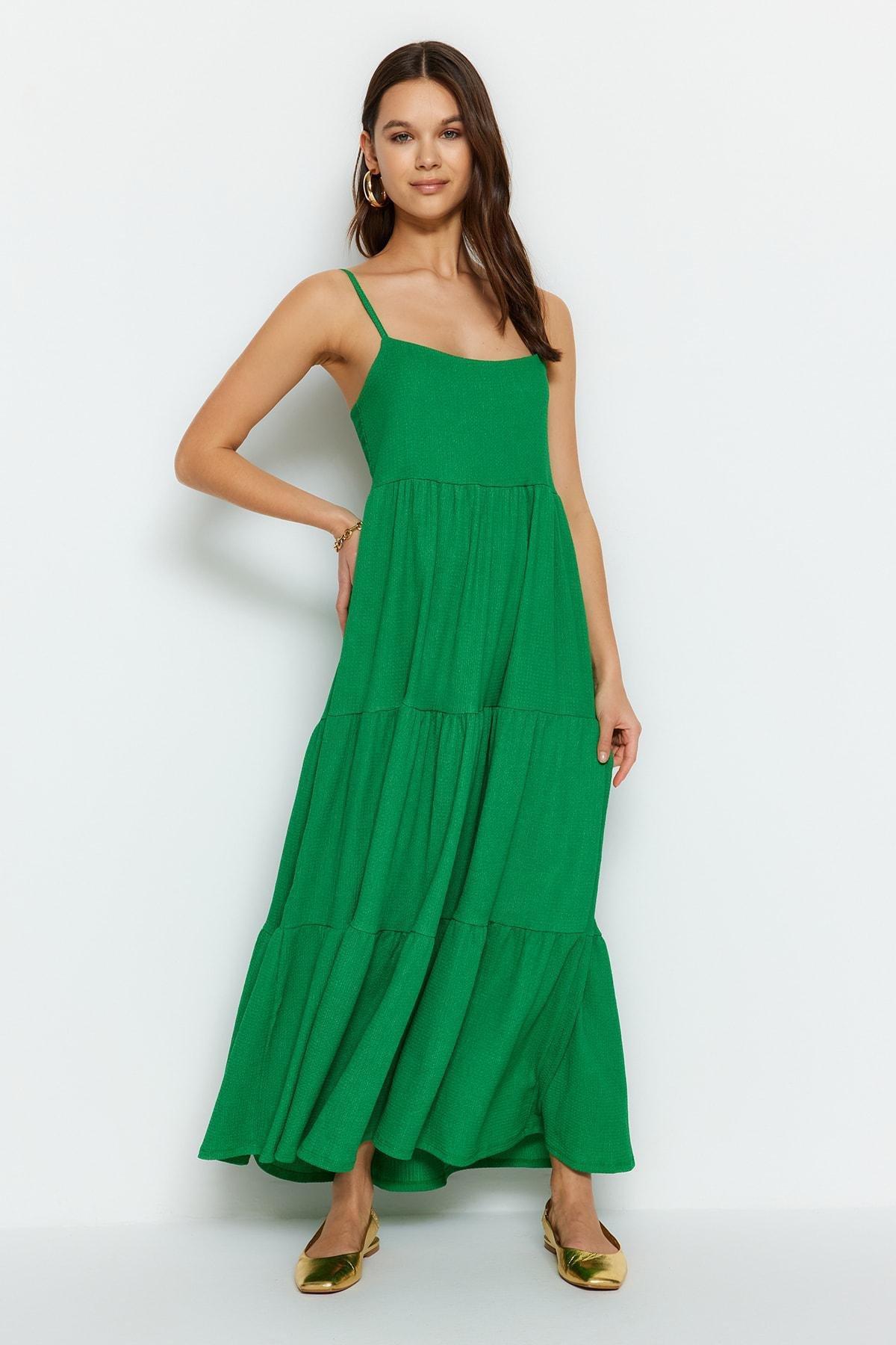 Green Floral Square Collared Skater Dress, , large image number 1