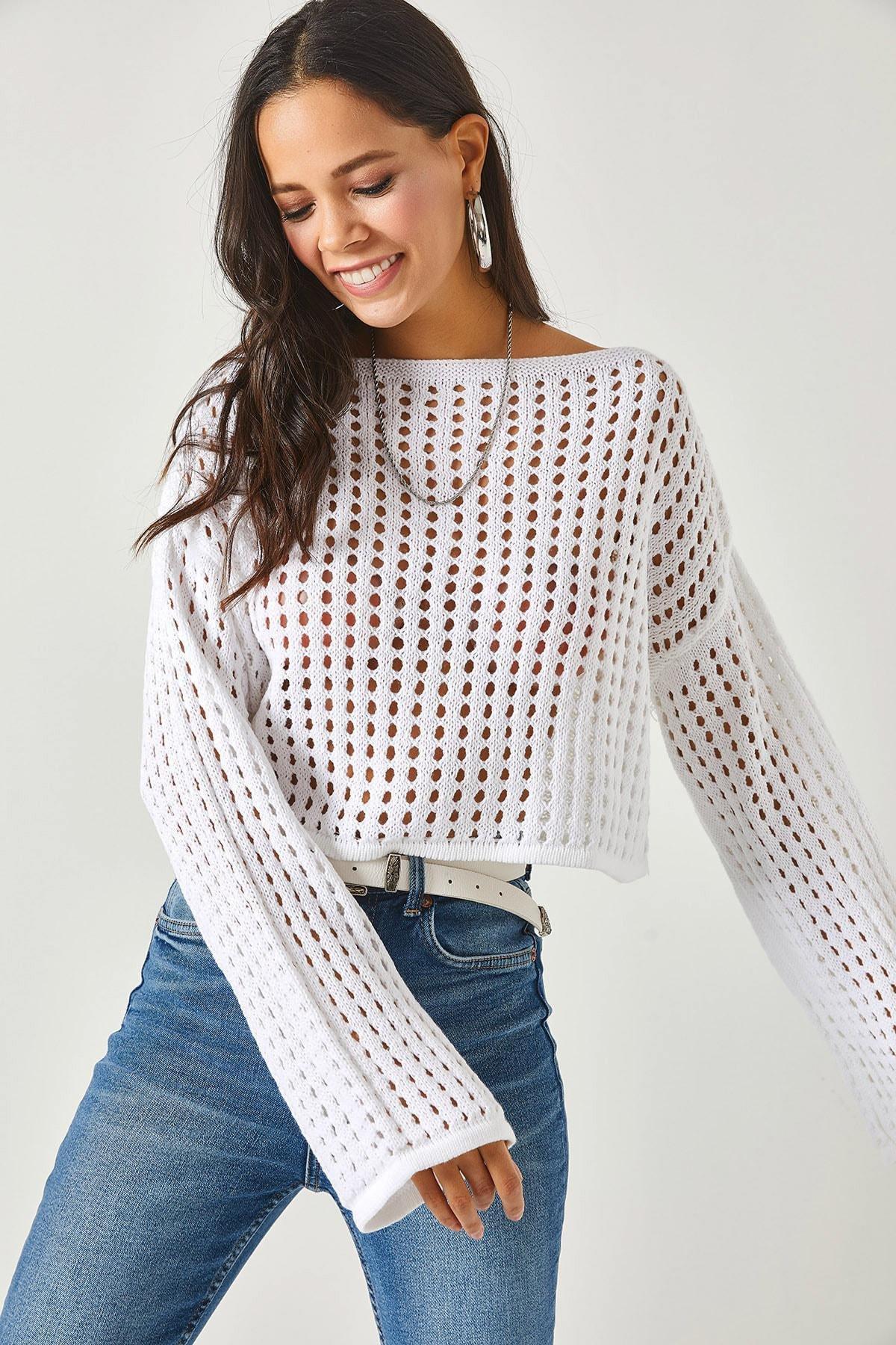White Openwork Crop Sweater Blouse, , large image number 0