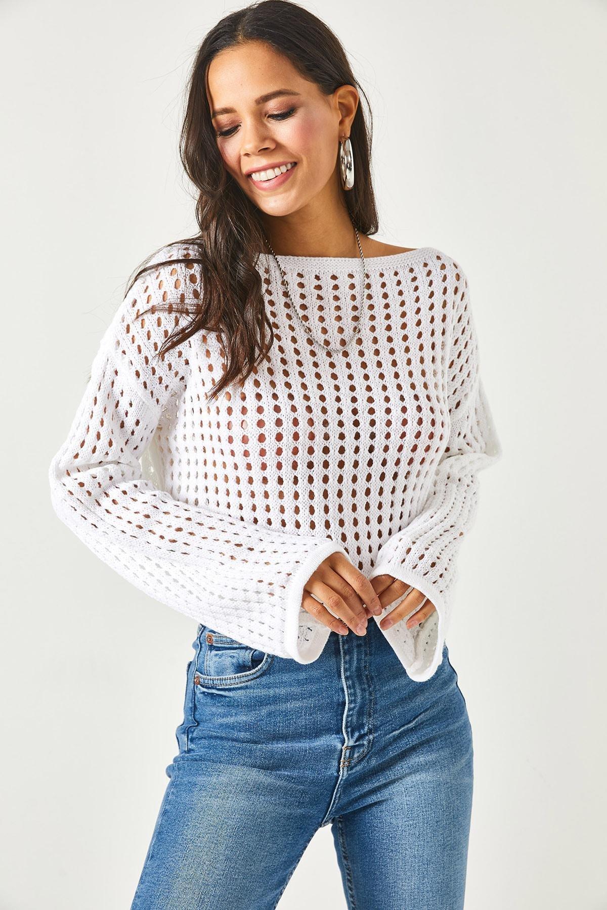 White Openwork Crop Sweater Blouse, , large image number 3