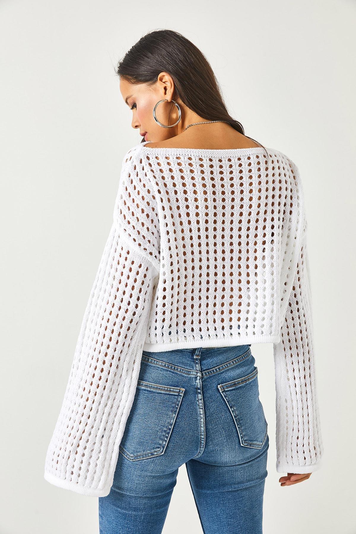 White Openwork Crop Sweater Blouse, , large image number 4
