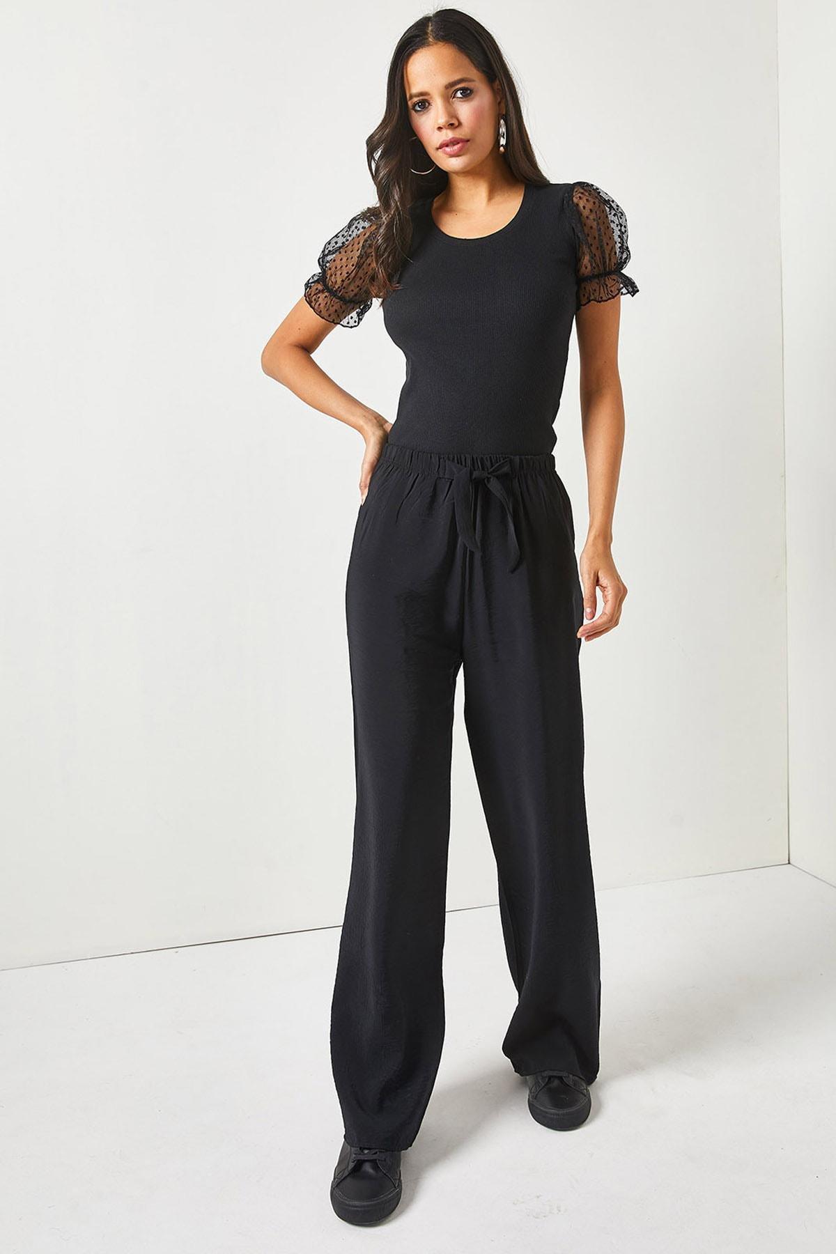 Black Belted Elastic Waist Trousers, BLACK, large image number 2