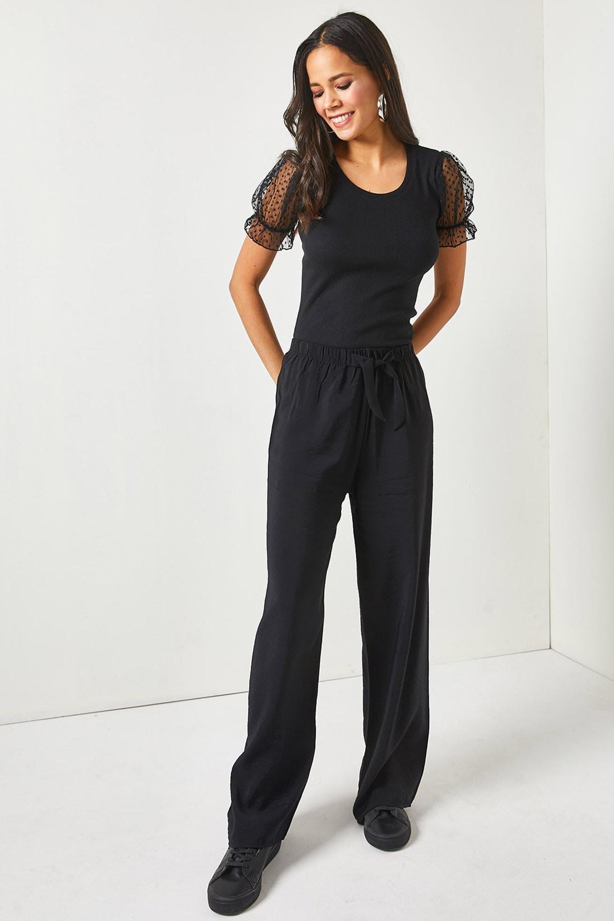 Black Belted Elastic Waist Trousers, BLACK, large image number 3