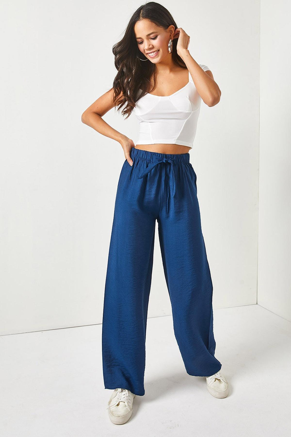Navy Belted Elastic Waist Trousers, , large image number 0