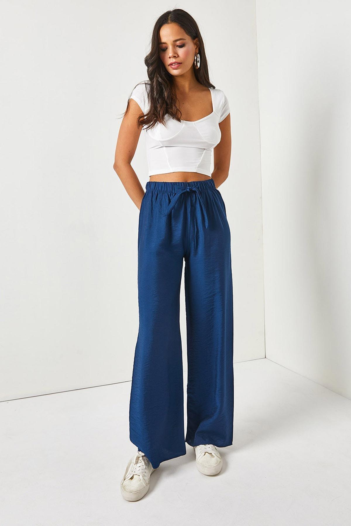 Navy Belted Elastic Waist Trousers, , large image number 2
