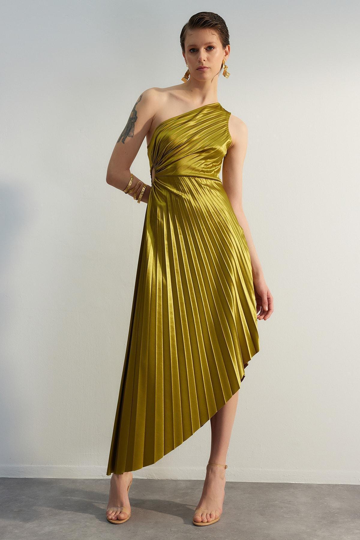 Green Asymmetric Satin Occasion Wear Dress, , large image number 0