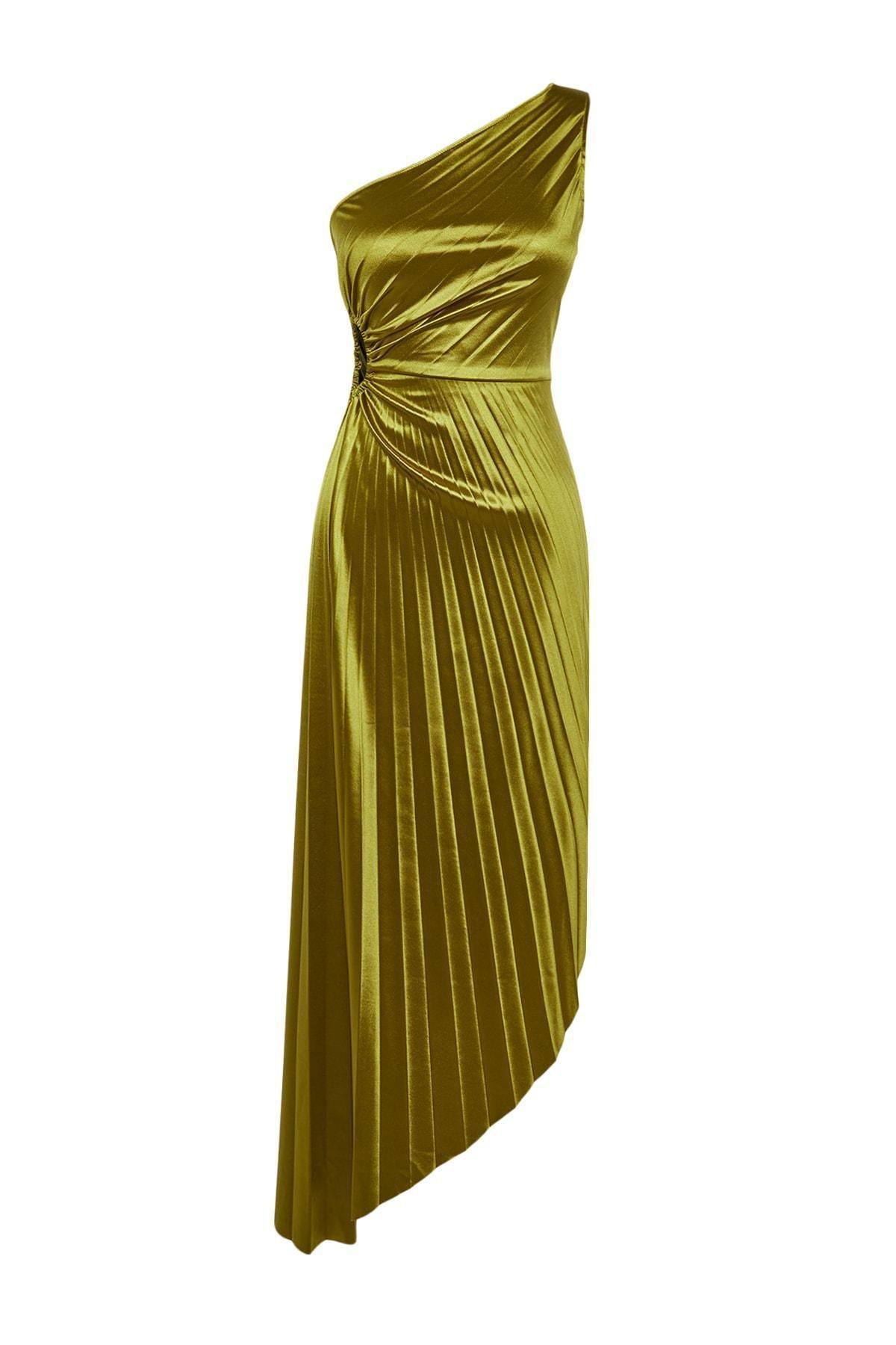 Green Asymmetric Satin Occasion Wear Dress, , large image number 1