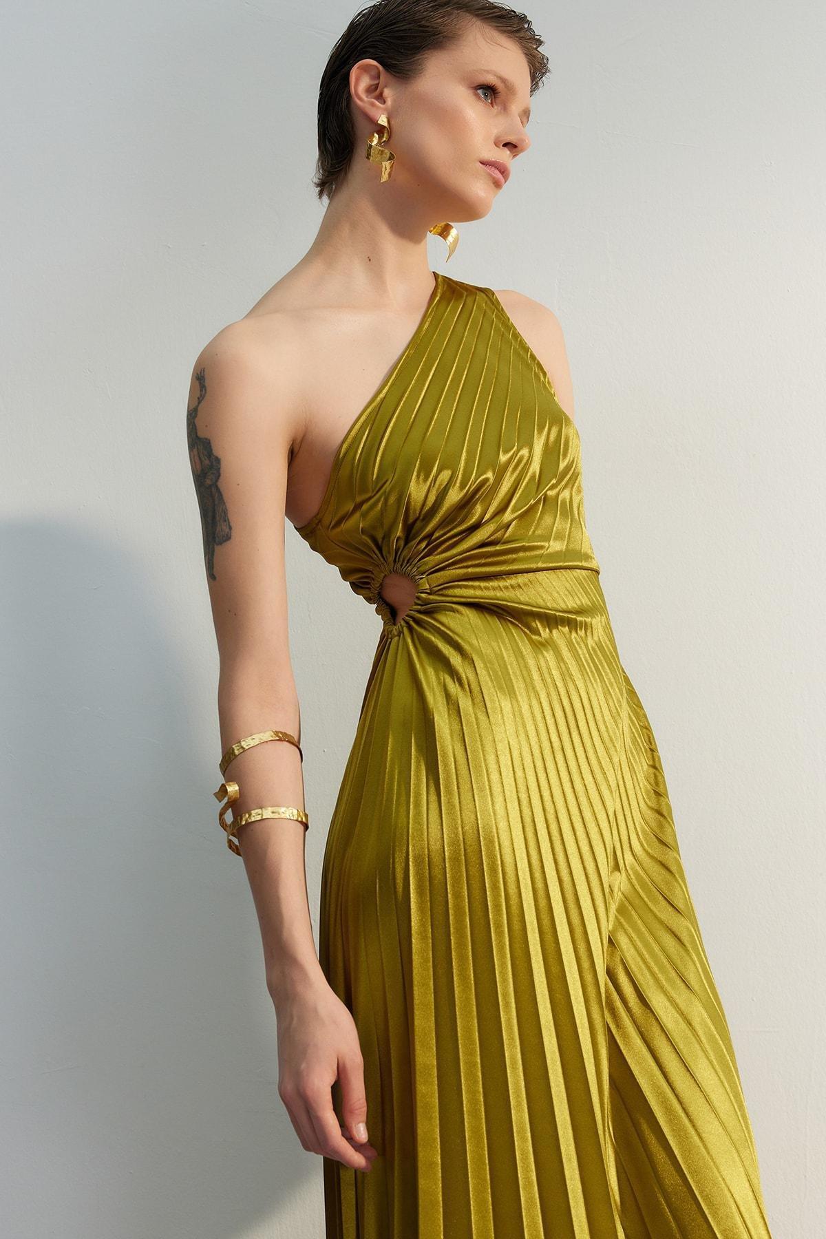 Green Asymmetric Satin Occasion Wear Dress, , large image number 2