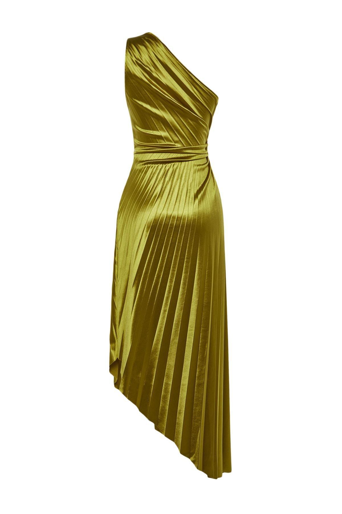 Green Asymmetric Satin Occasion Wear Dress, , large image number 3