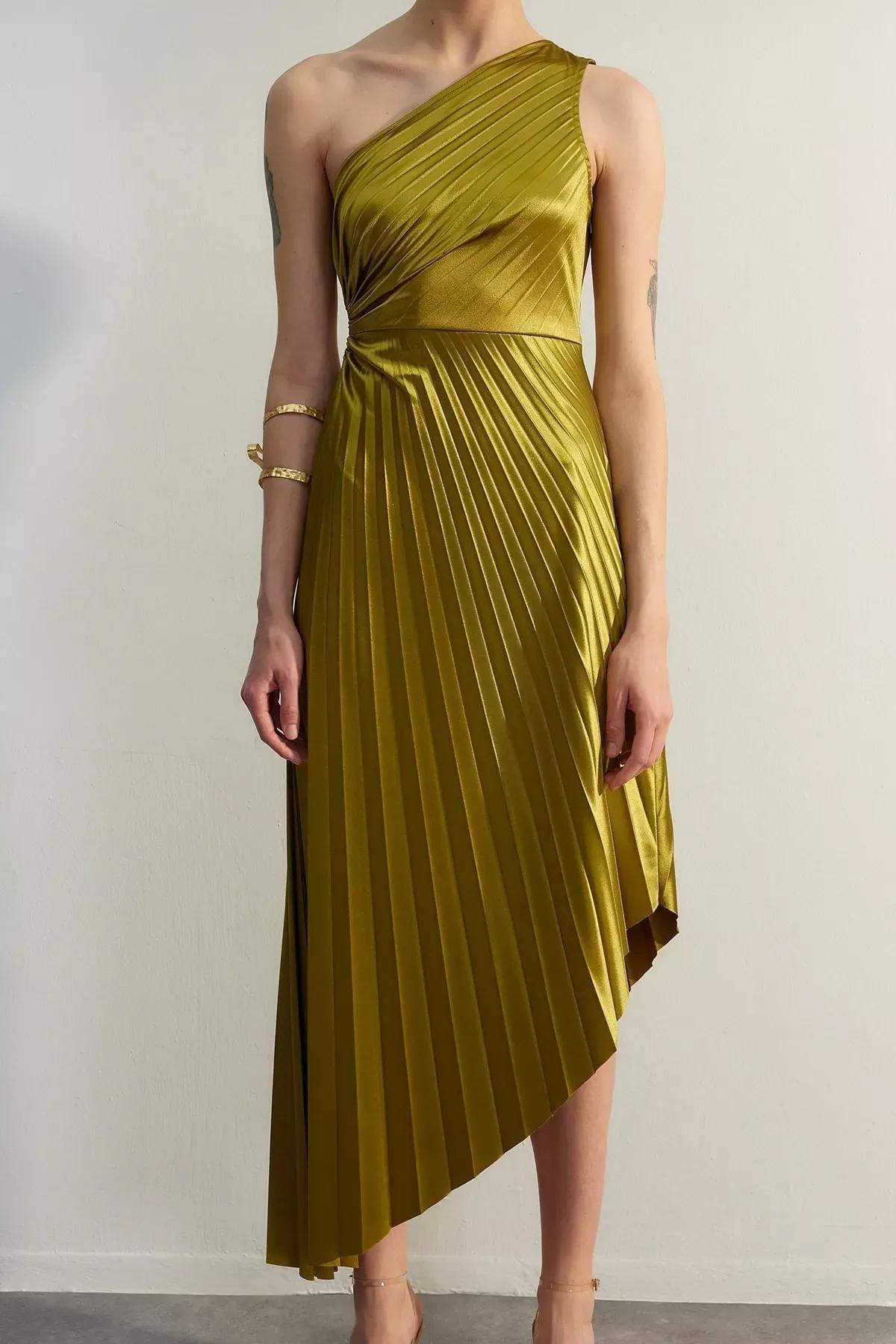 Green Asymmetric Satin Occasion Wear Dress, Light green, large image number 3