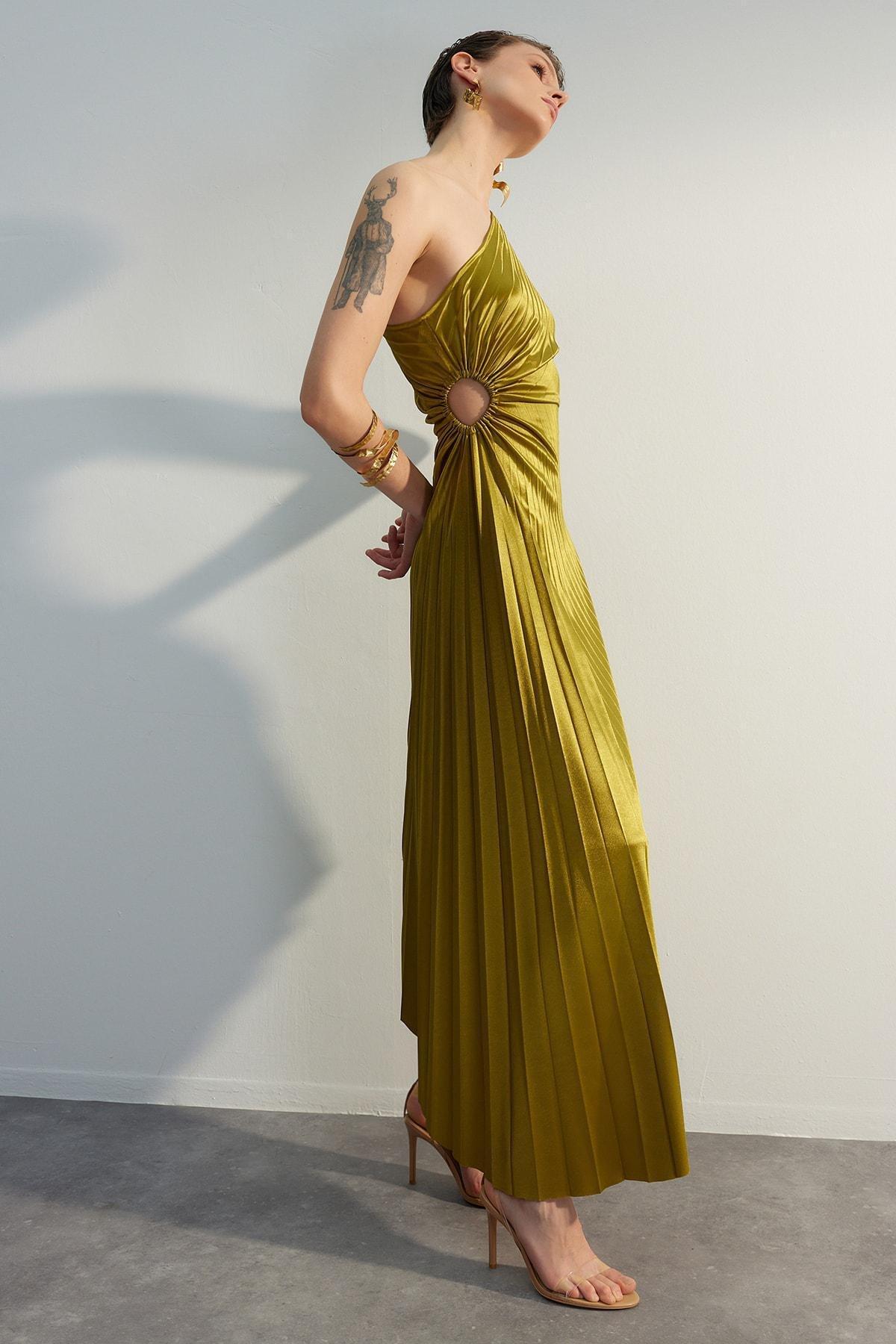 Green Asymmetric Satin Occasion Wear Dress, , large image number 4
