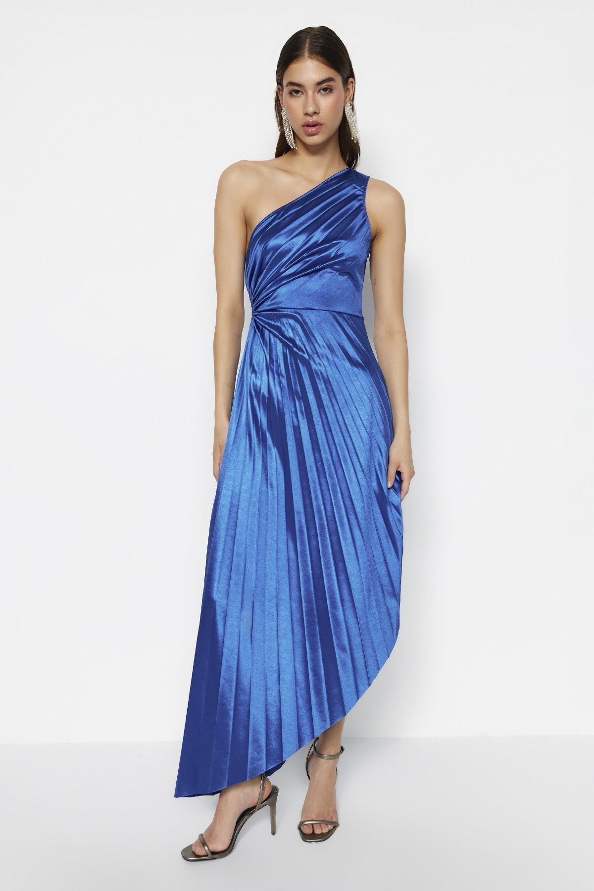 Blue Asymmetric Satin Occasion Wear Dress, , large image number 0