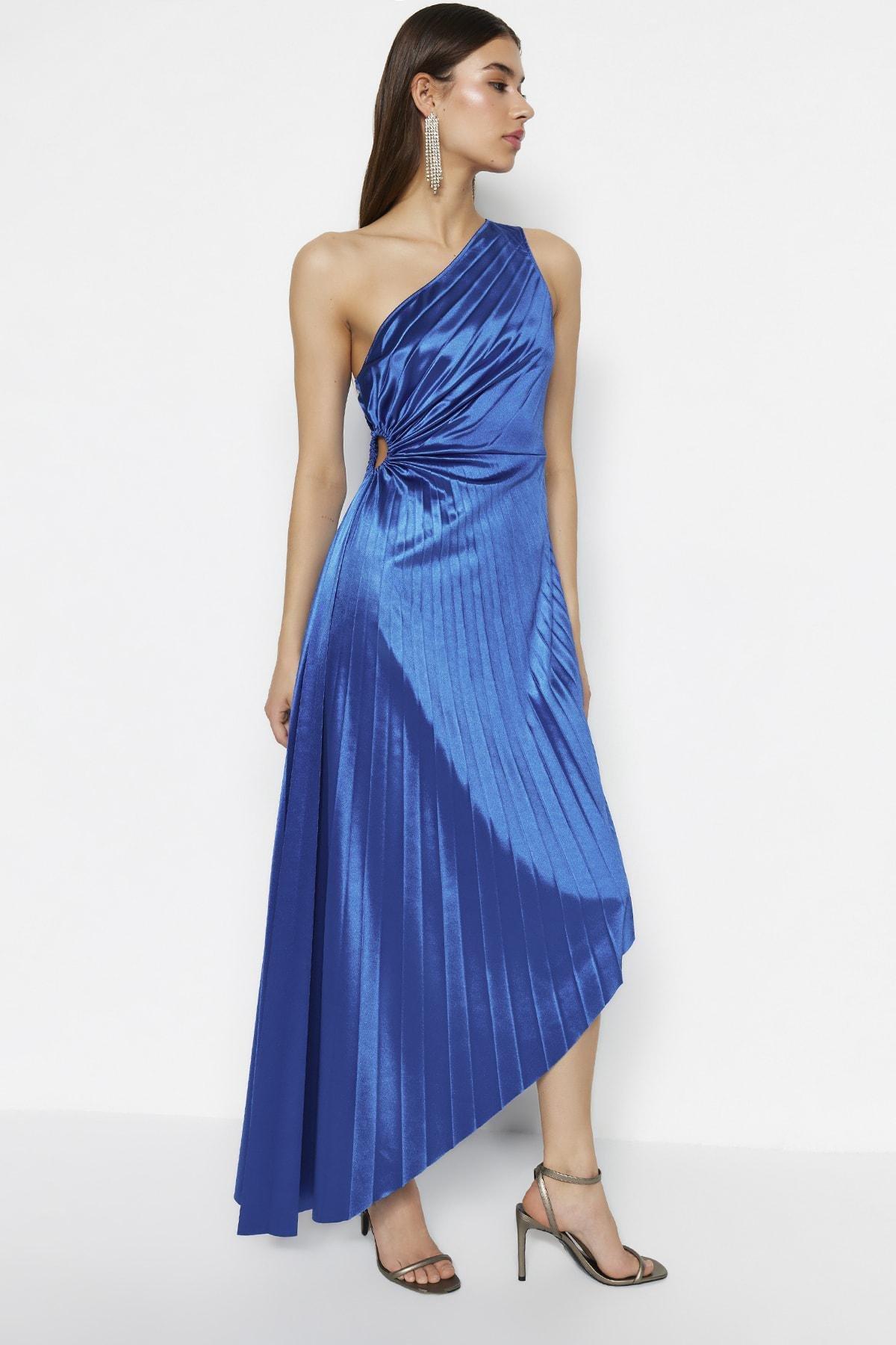 Blue Asymmetric Satin Occasion Wear Dress, , large image number 1