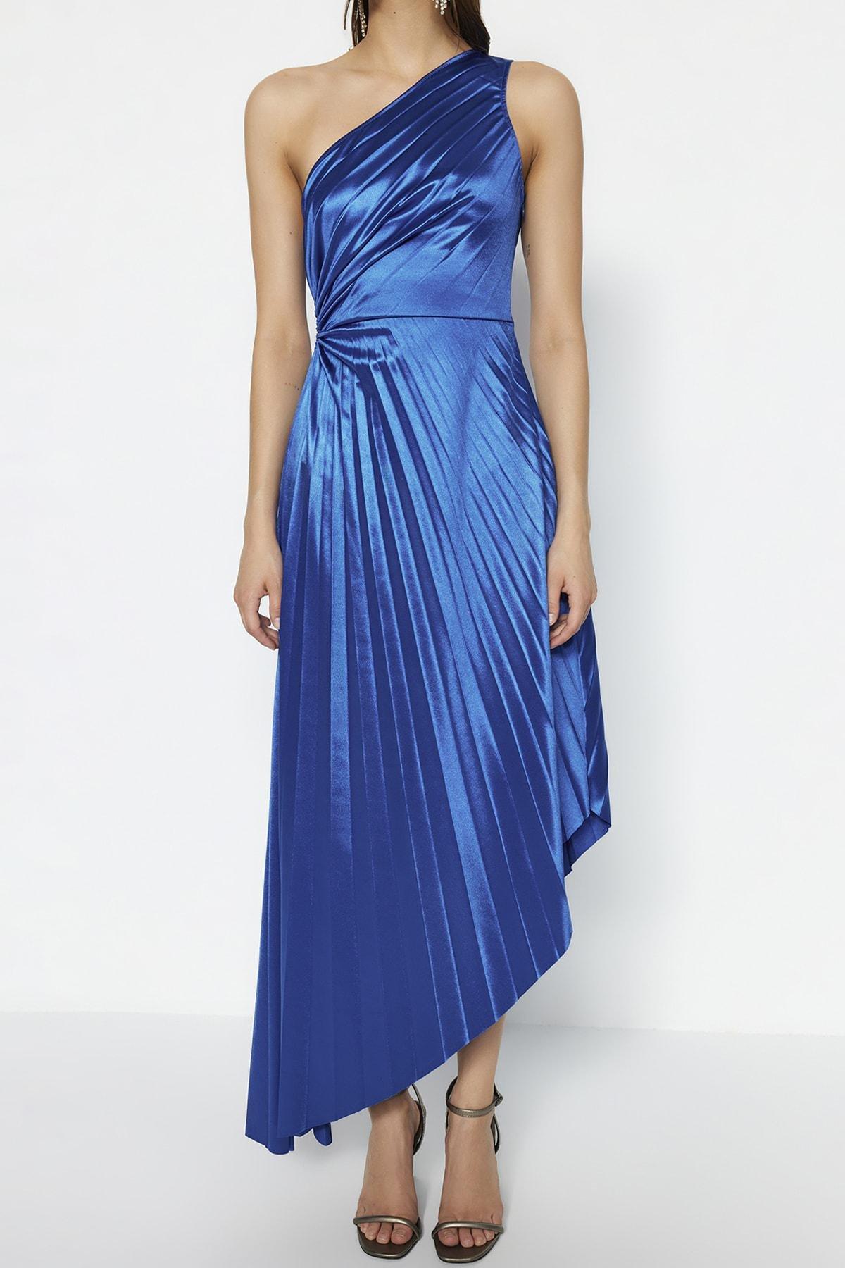 Blue Asymmetric Satin Occasion Wear Dress, , large image number 3