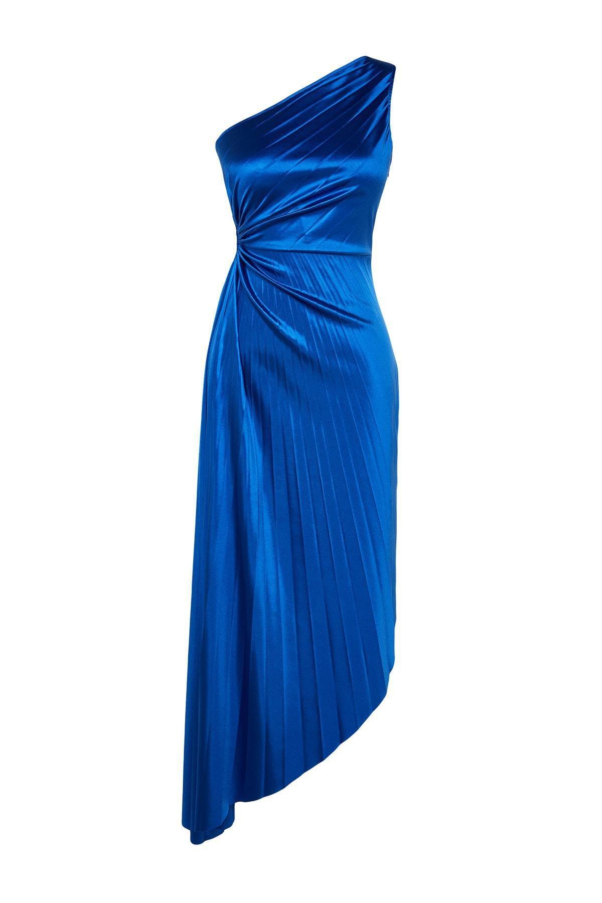 Blue Asymmetric Satin Occasion Wear Dress, , large image number 5