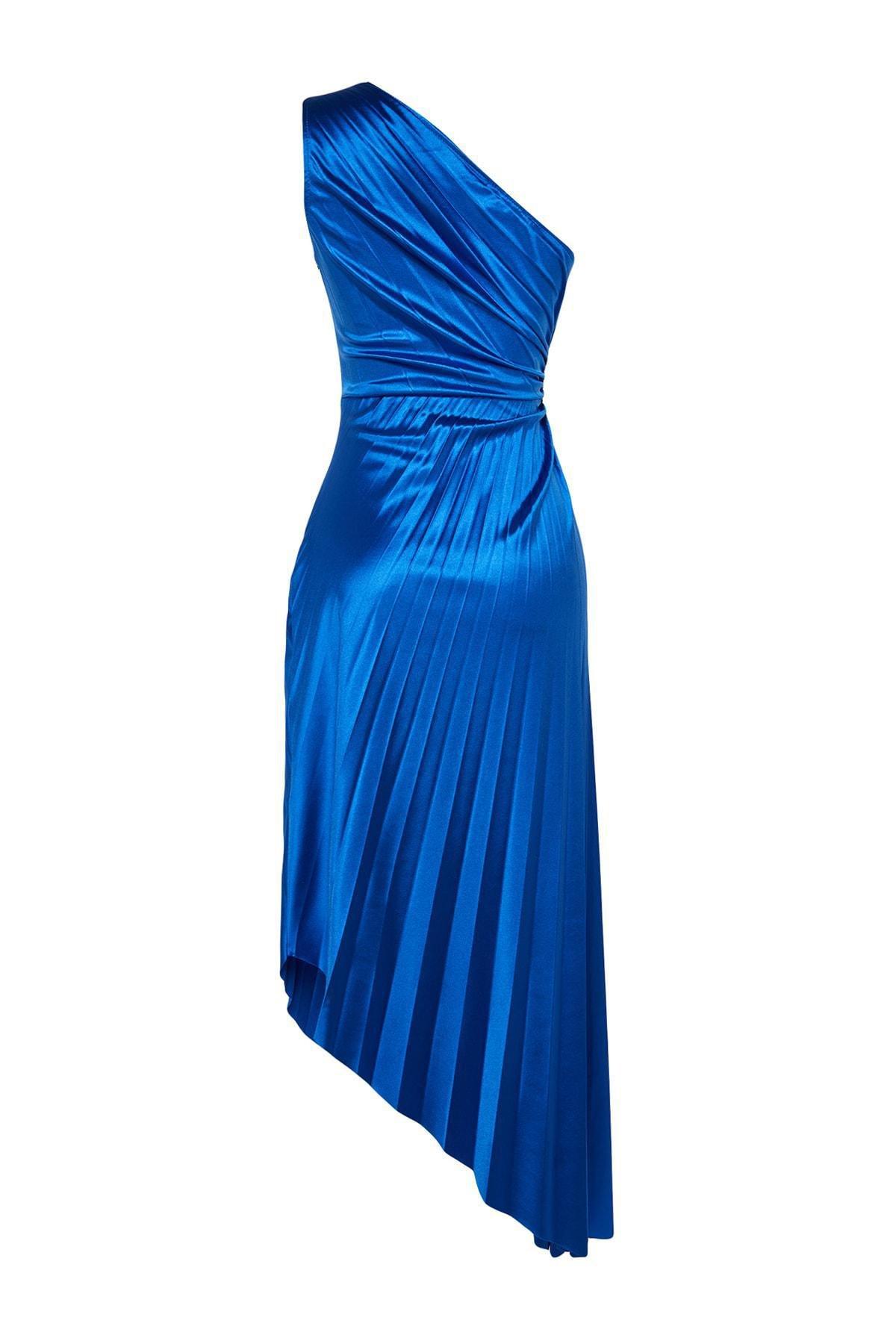 Blue Asymmetric Satin Occasion Wear Dress, , large image number 7