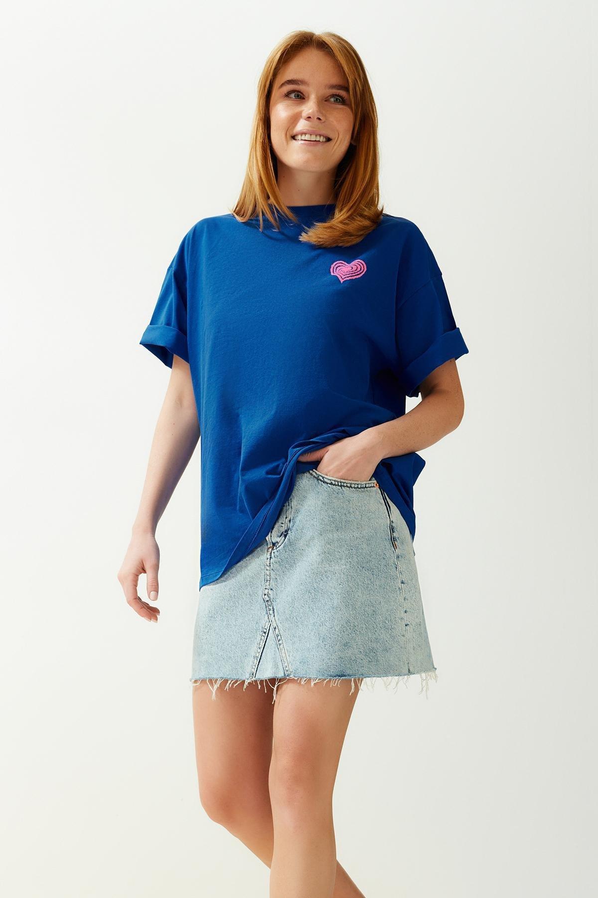 Blue Embossed Printed Oversizedd T-Shirt, , large image number 0