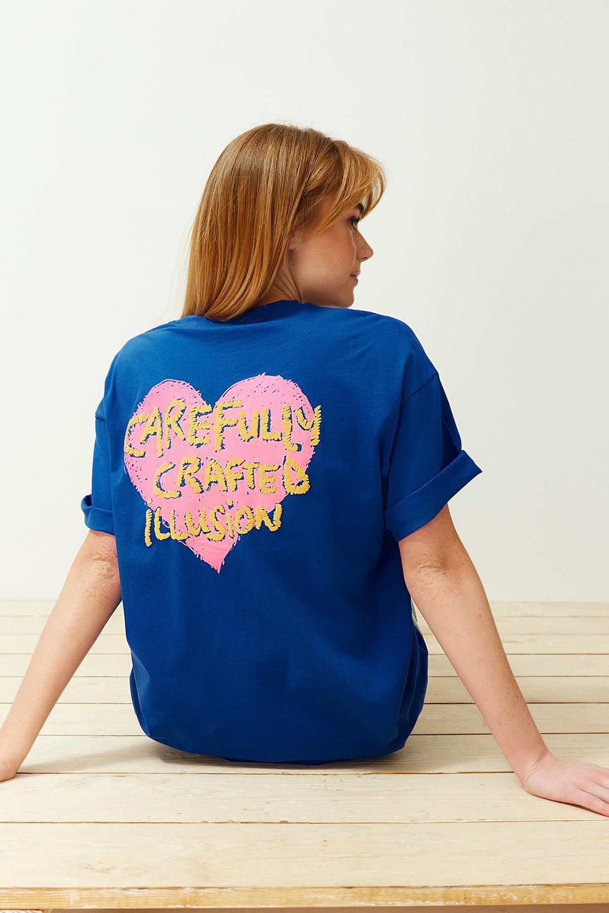 Blue Embossed Printed Oversizedd T-Shirt, , large image number 1