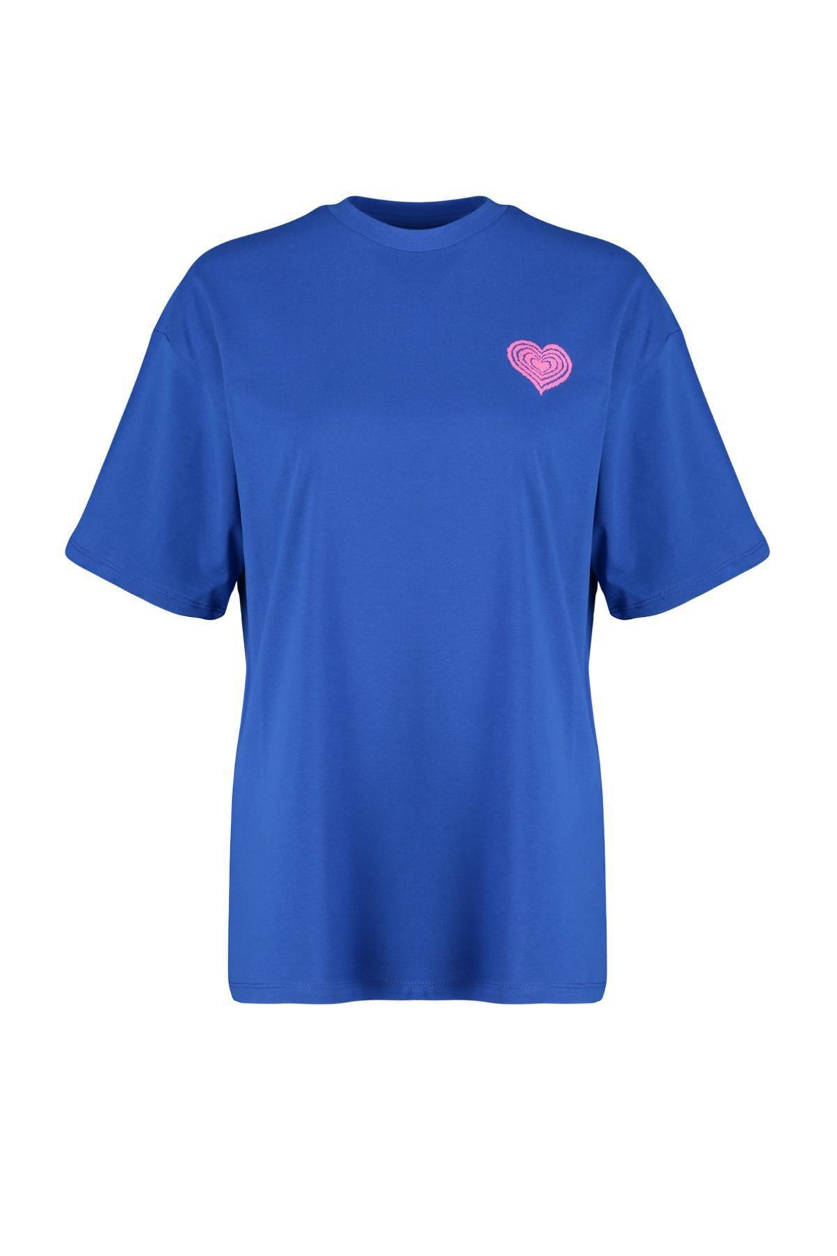 Blue Embossed Printed Oversizedd T-Shirt, , large image number 5