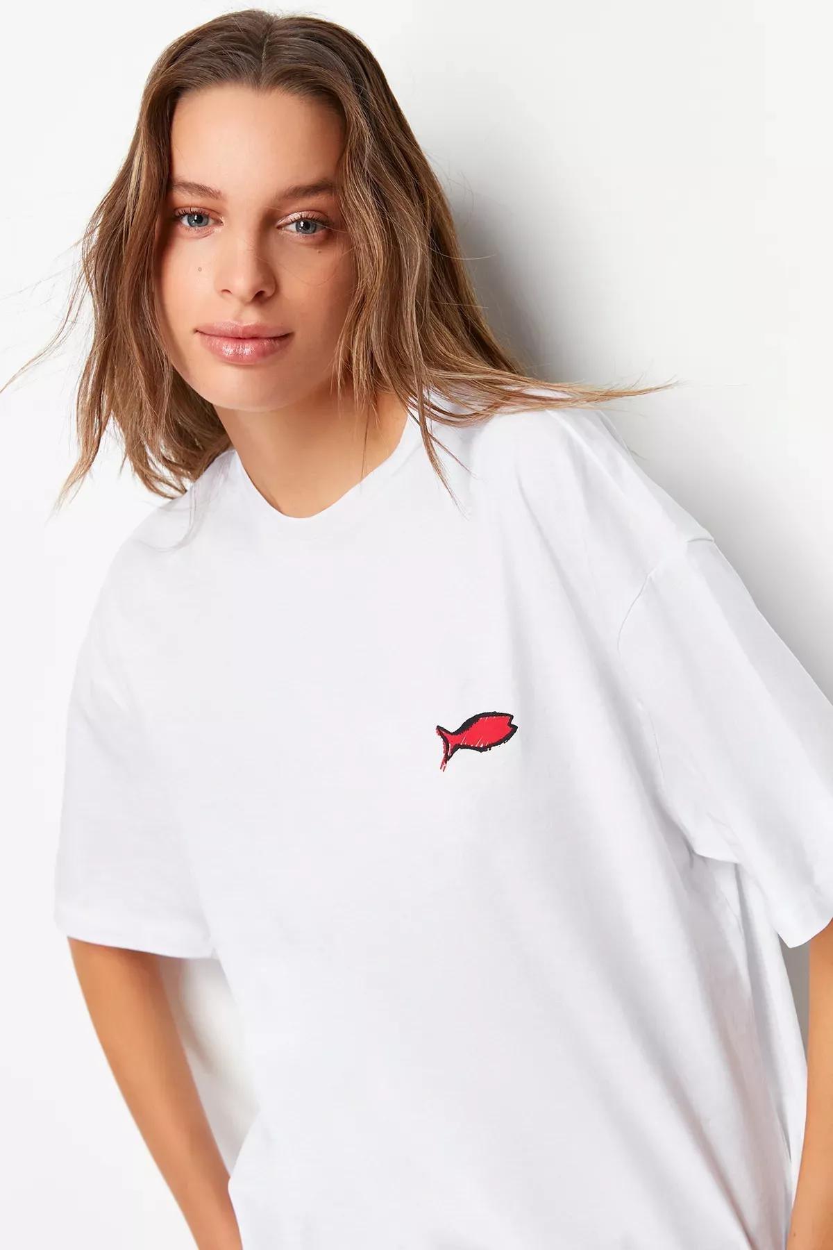 White Oversized Crew Neck T-Shirt, White, large image number 1