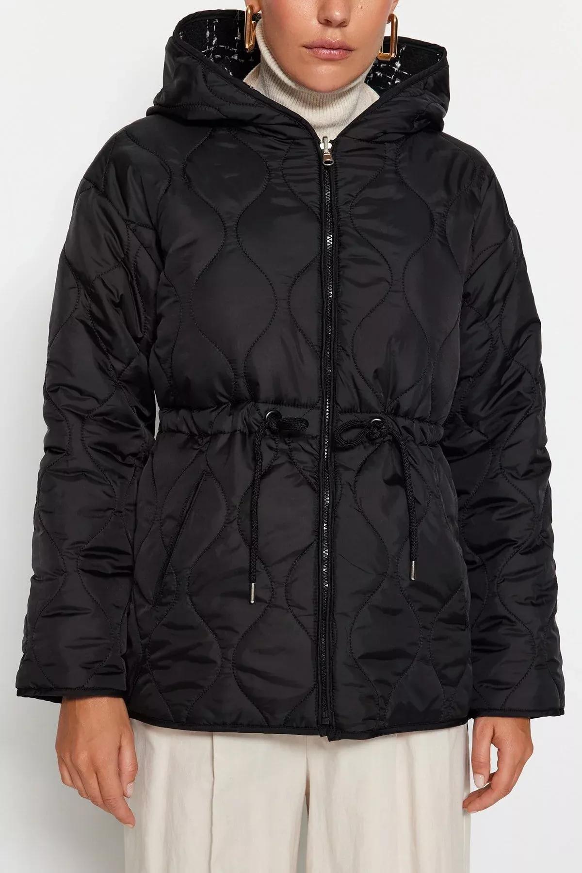 Black Hooded Puffer Jacket, BLACK, large image number 6