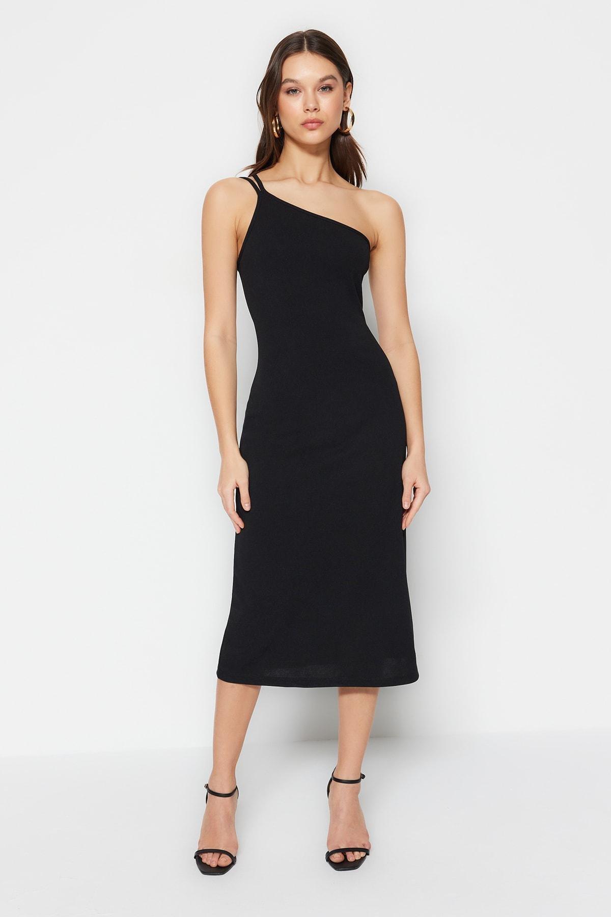 Black Asymmetrical Collar A-Line Dress, , large image number 0