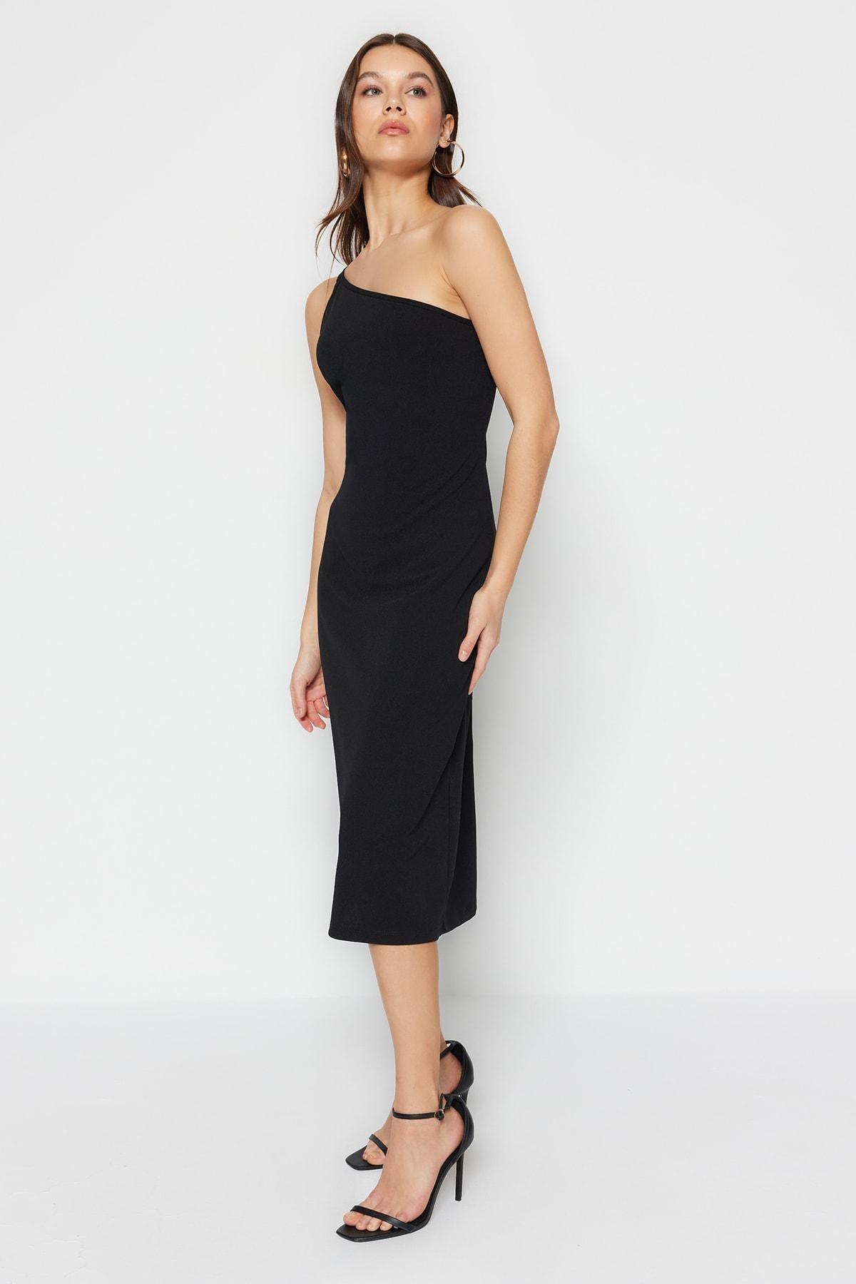 Black Asymmetrical Collar A-Line Dress, , large image number 2