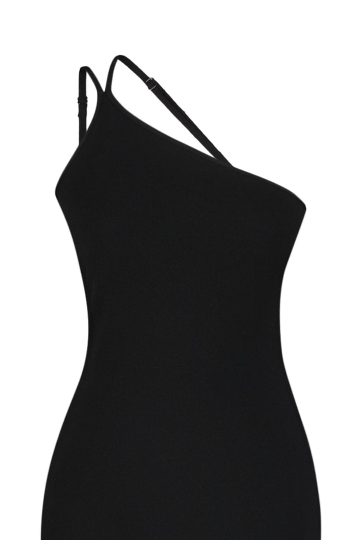 Black Asymmetrical Collar A-Line Dress, , large image number 6