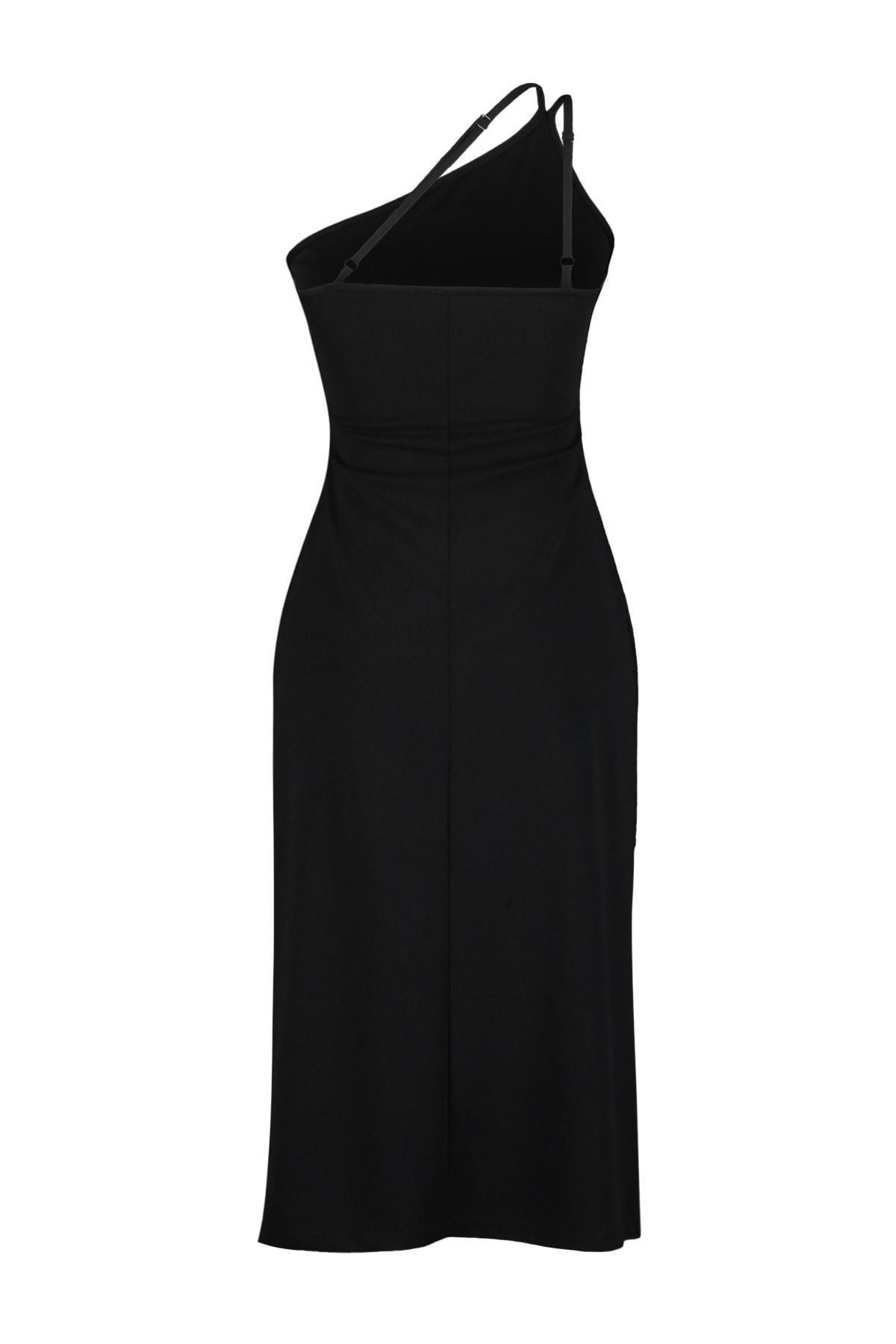 Black Asymmetrical Collar A-Line Dress, , large image number 7