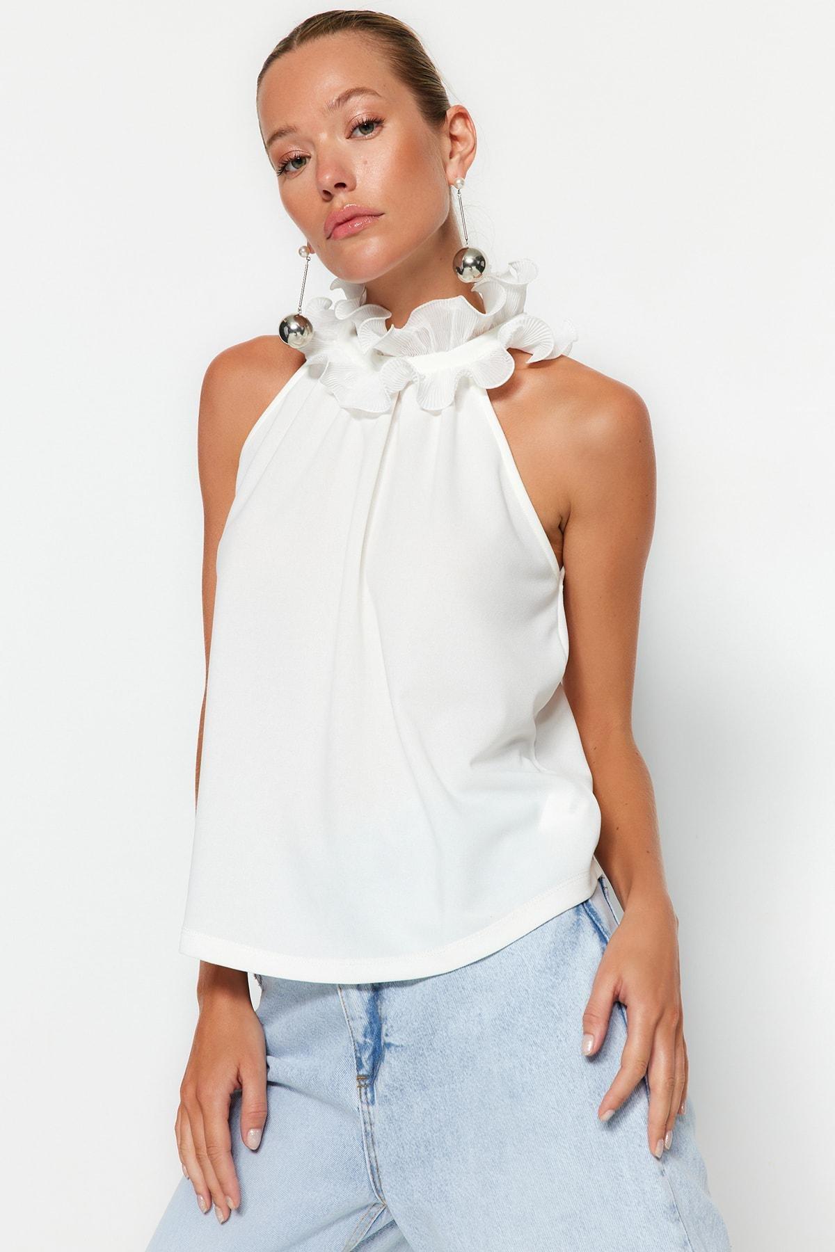 Ecru Collar Detailed Smart Crepe Knitted Blouse, , large image number 1