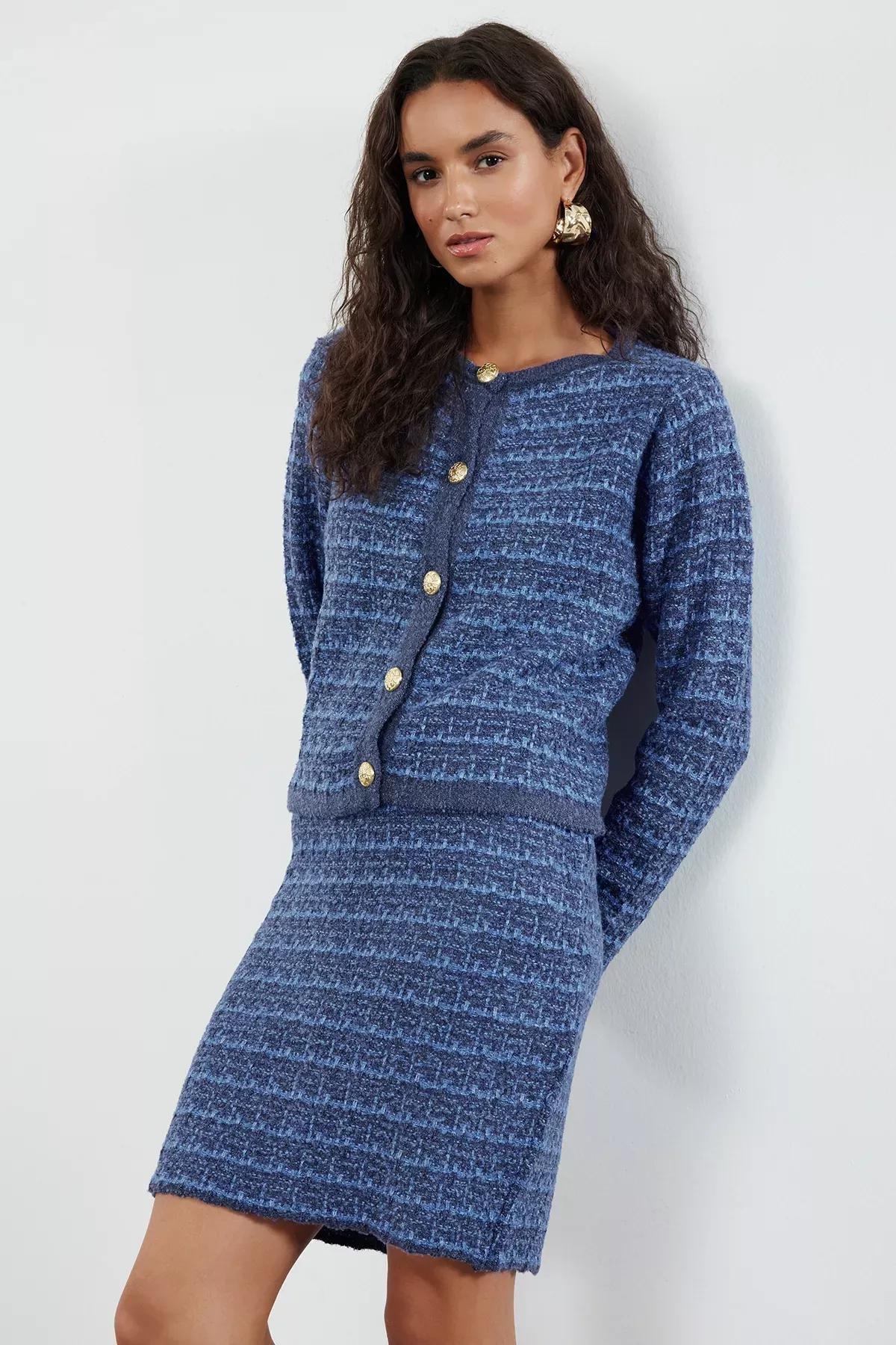 Blue Soft Knit Cardigan Skirt Set, , large image number 1
