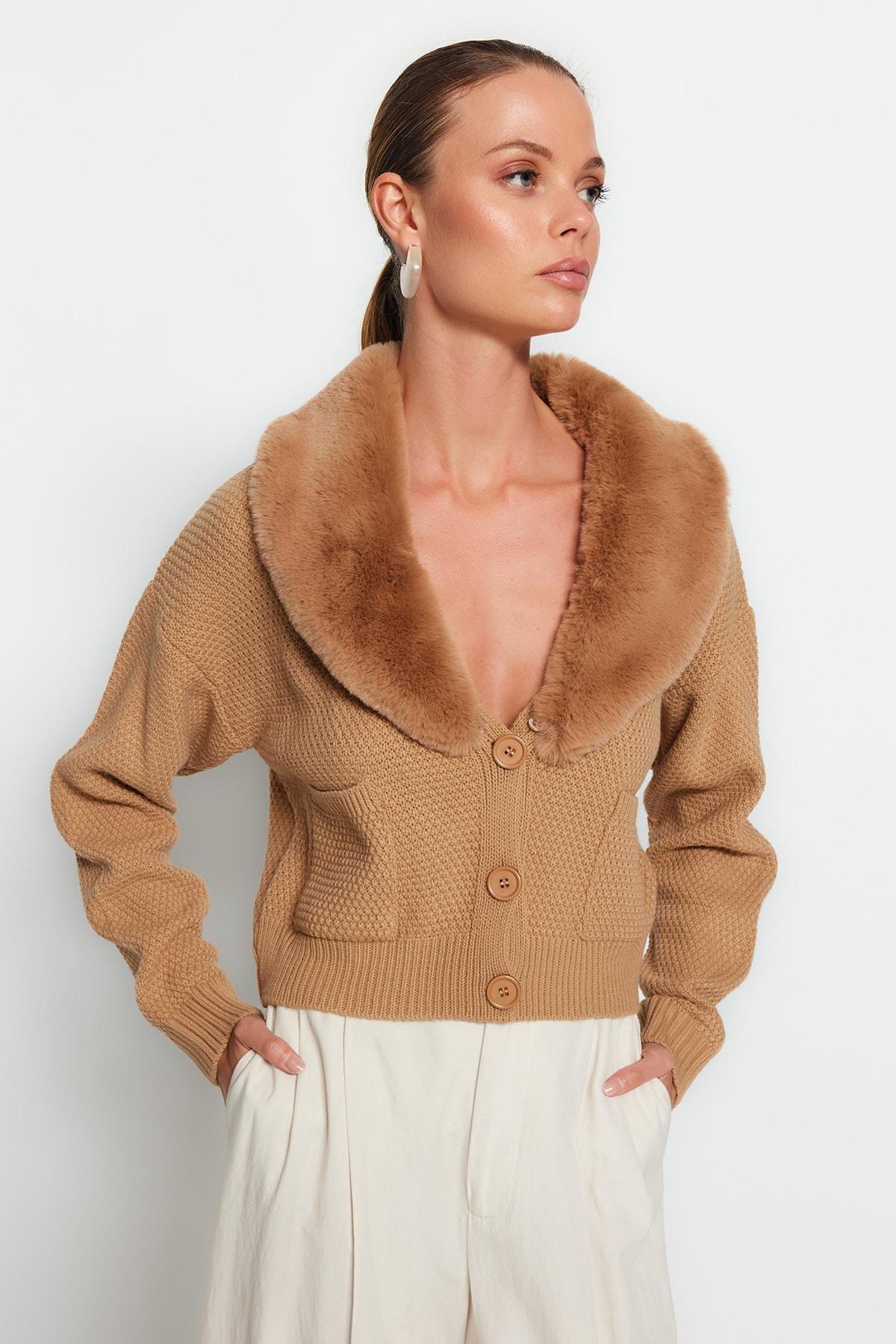 Brown V-Neck Cardigan, , large image number 1