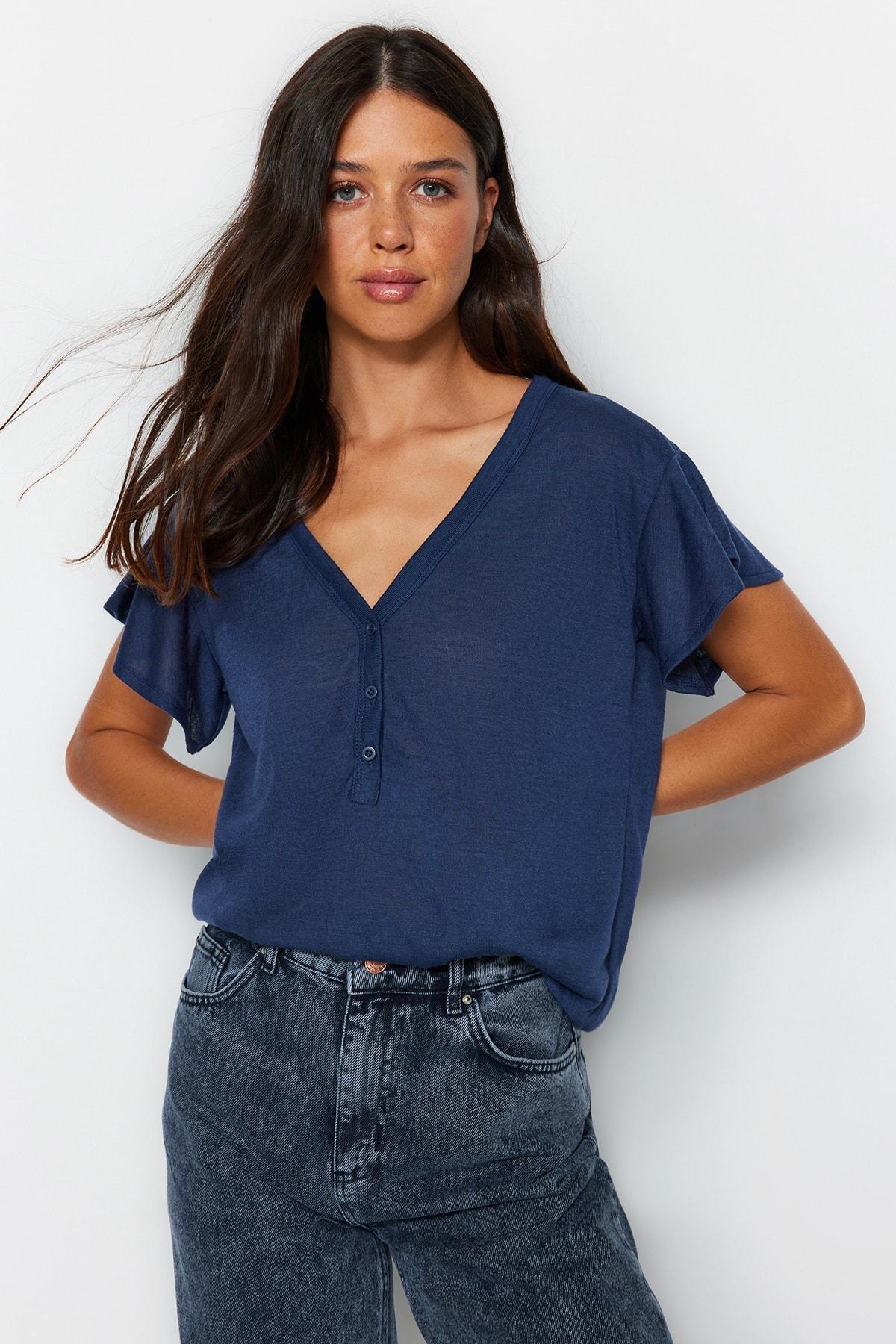 Navy V-Neck Ruffle Sleeve T-Shirt, , large image number 0
