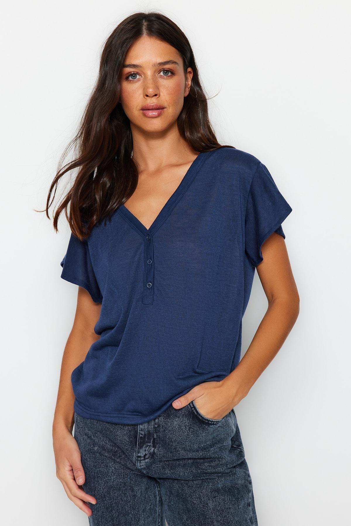 Navy V-Neck Ruffle Sleeve T-Shirt, , large image number 2