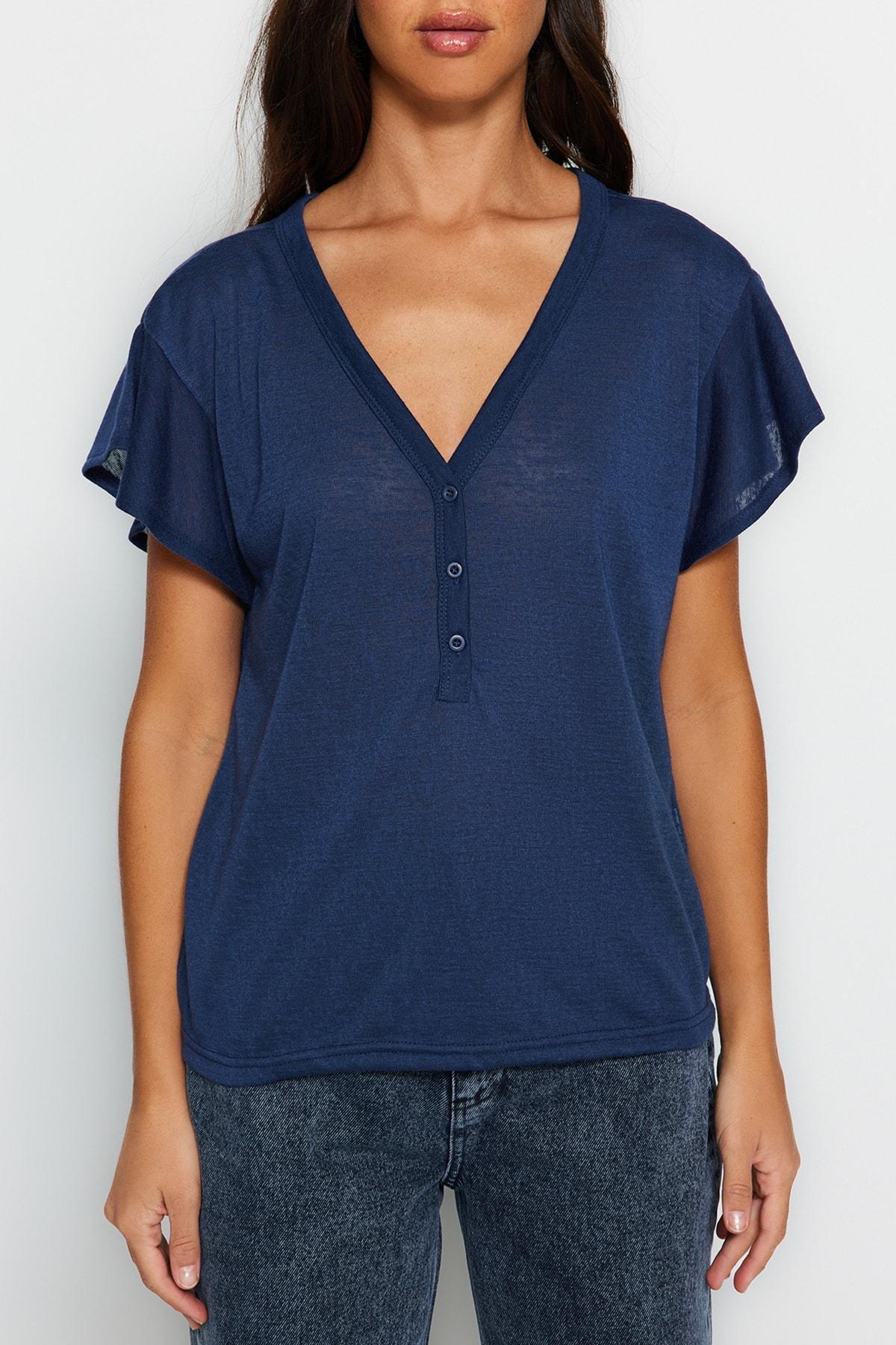 Navy V-Neck Ruffle Sleeve T-Shirt, , large image number 3