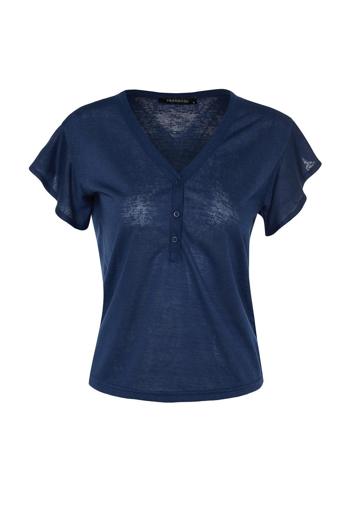 Navy V-Neck Ruffle Sleeve T-Shirt, , large image number 5