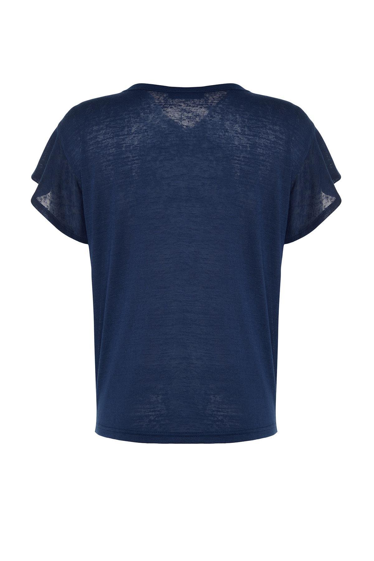 Navy V-Neck Ruffle Sleeve T-Shirt, , large image number 7