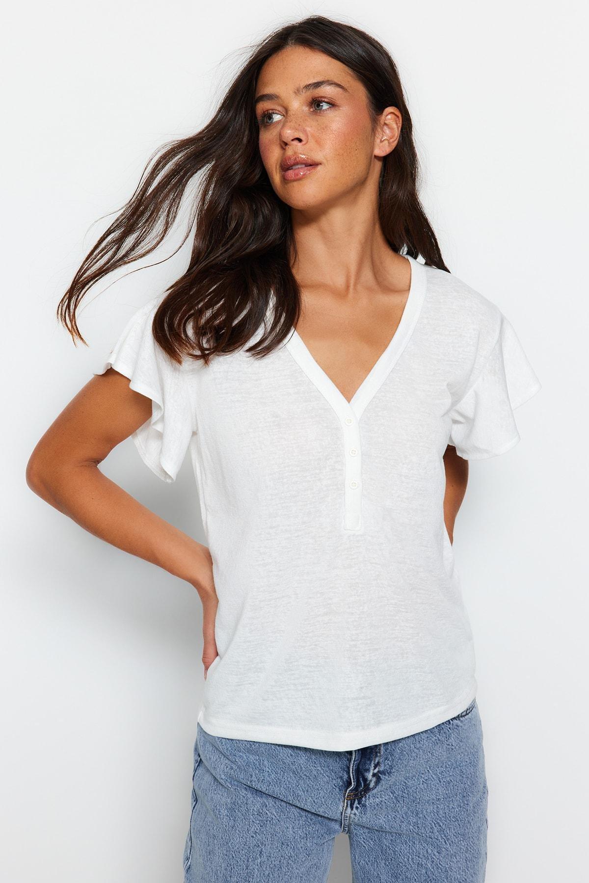 White V-Neck Ruffle Sleeve T-Shirt, , large image number 0