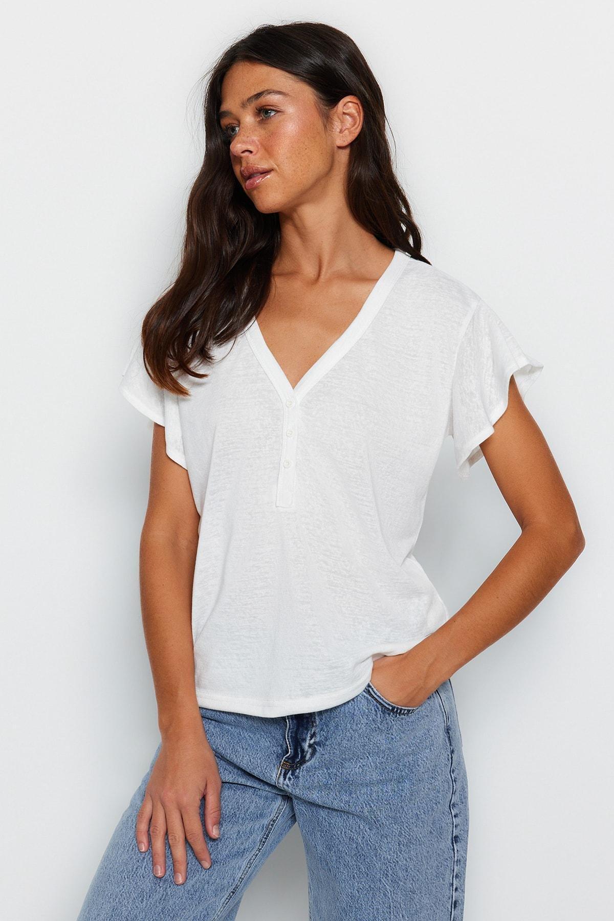 White V-Neck Ruffle Sleeve T-Shirt, , large image number 1