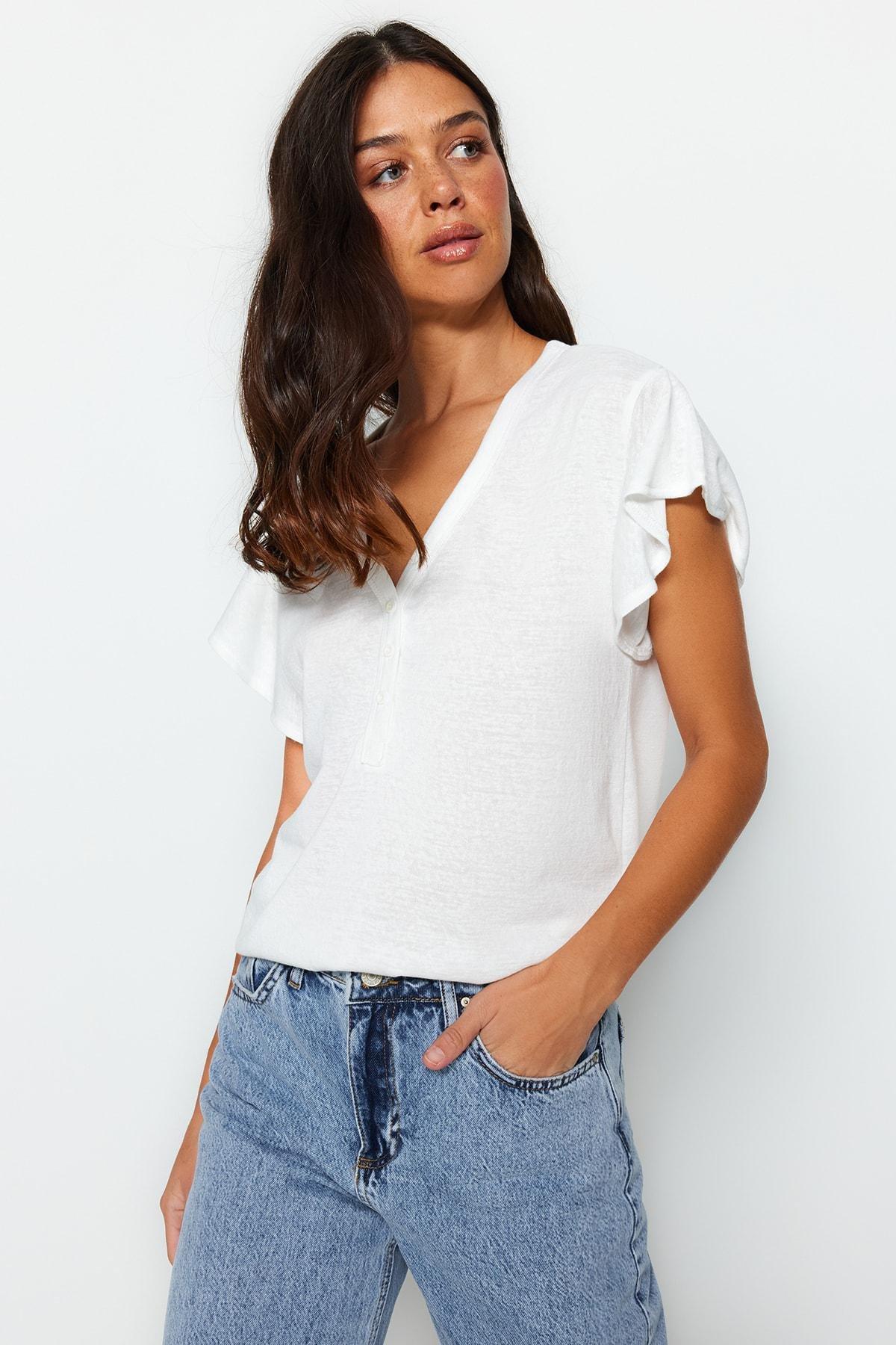 White V-Neck Ruffle Sleeve T-Shirt, , large image number 4