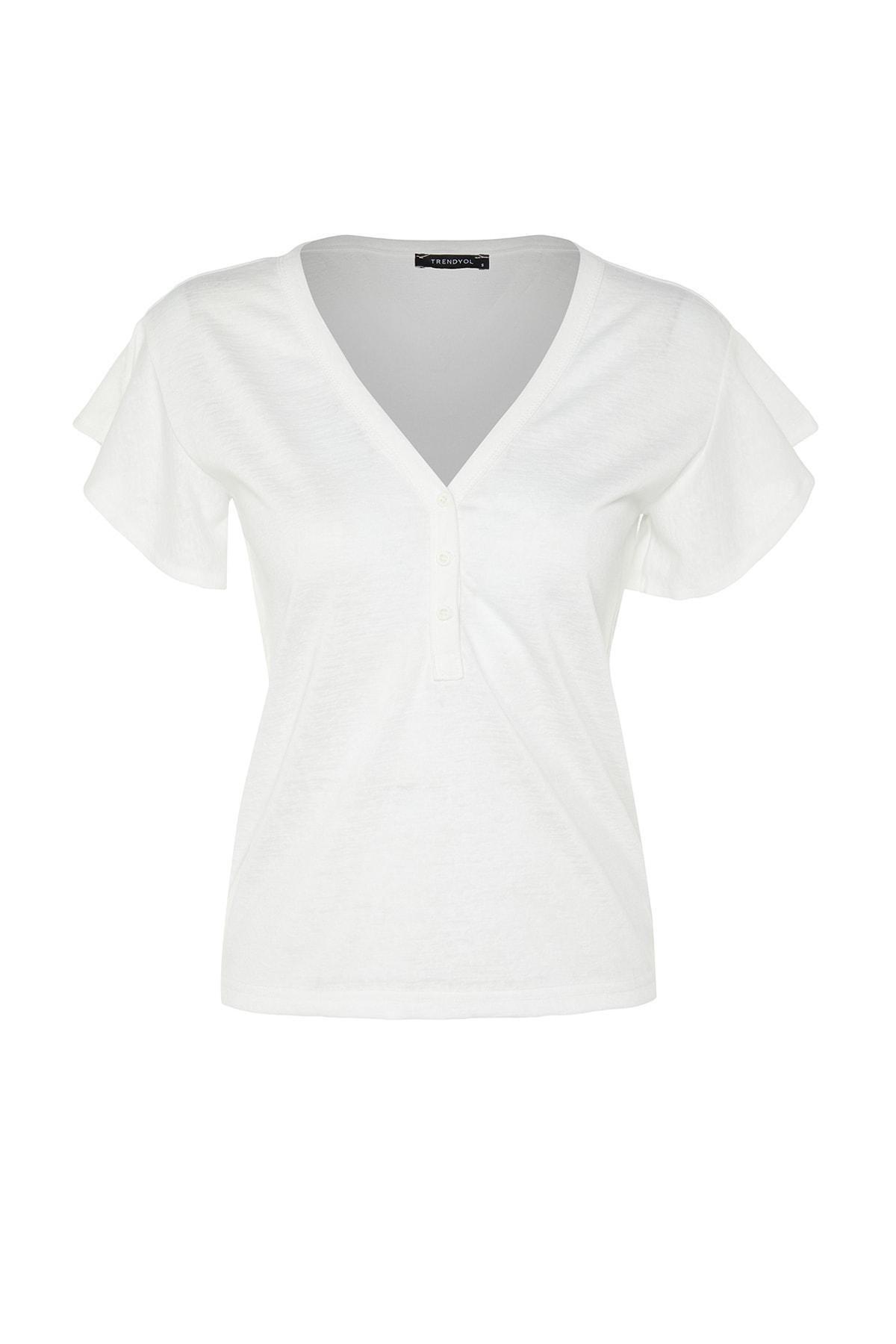 White V-Neck Ruffle Sleeve T-Shirt, , large image number 5