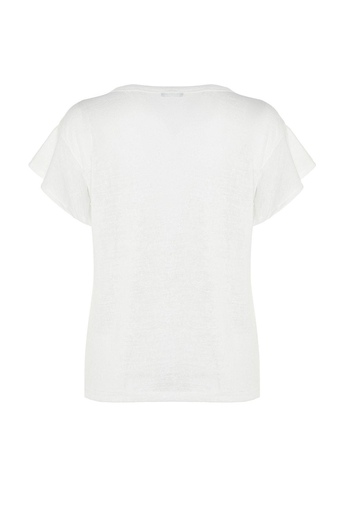 White V-Neck Ruffle Sleeve T-Shirt, , large image number 7