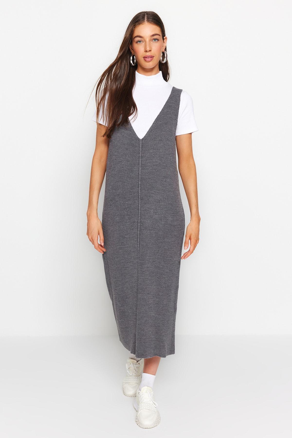 Grey Knitwear V-Neck Maxi Dress, , large image number 0