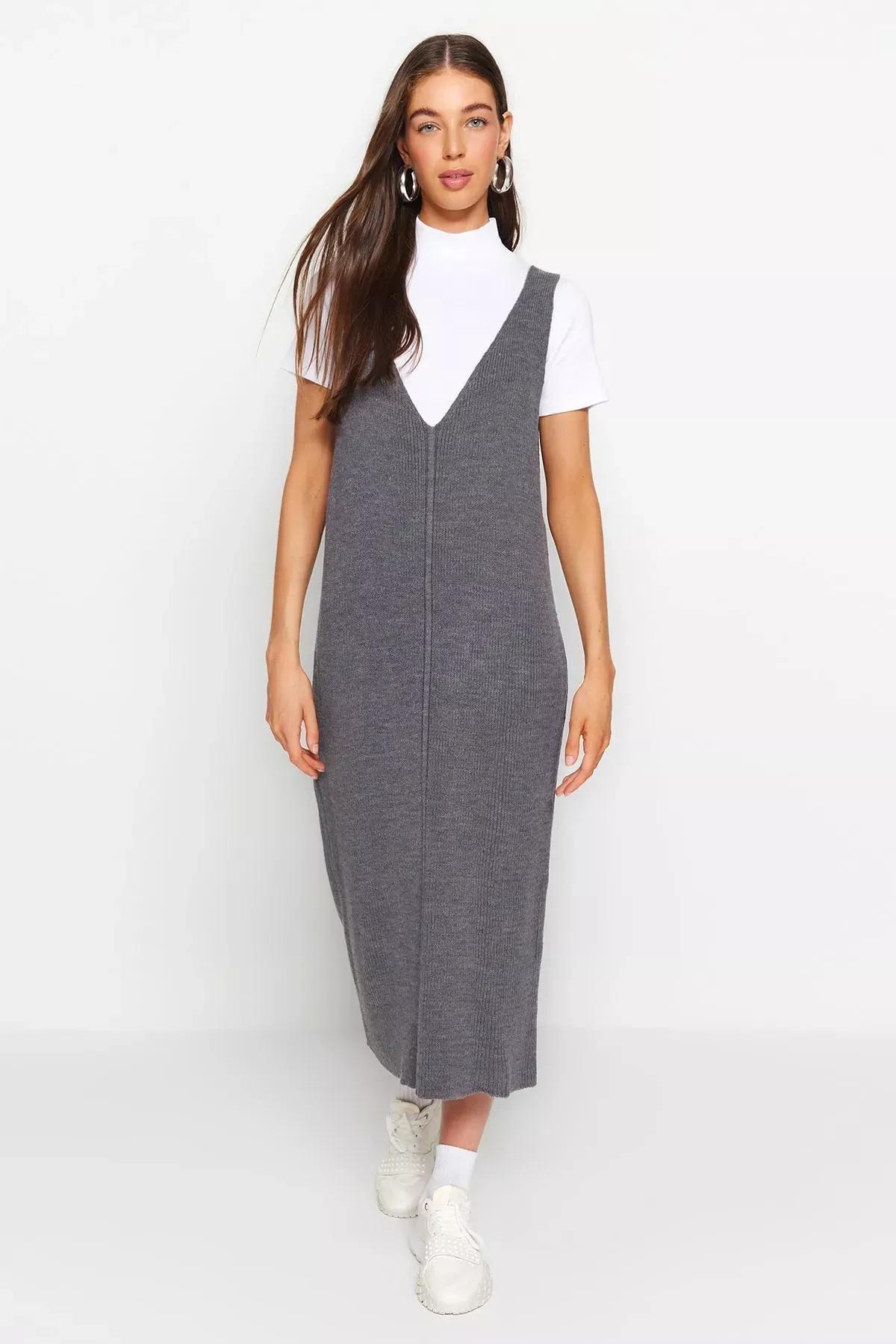 Grey Knitwear V-Neck Maxi Dress, , large image number 0