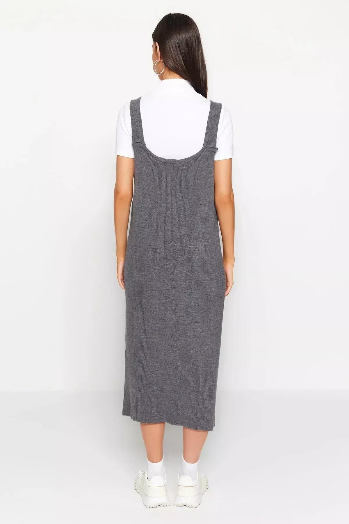 فستان طويل مُحاك بفتحة رقبة V، رمادي, Anthracite, large image number 5