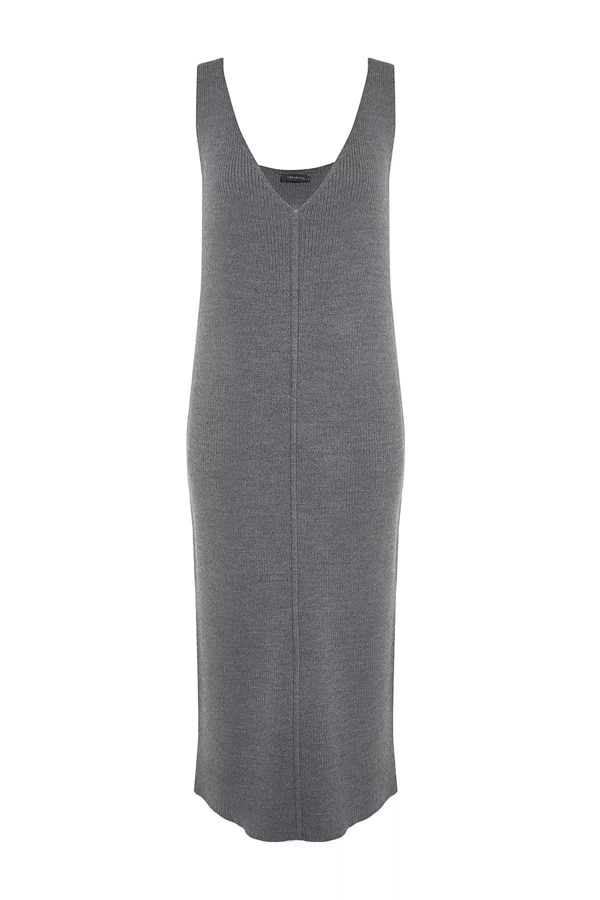 Grey Knitwear V-Neck Maxi Dress, , large image number 6