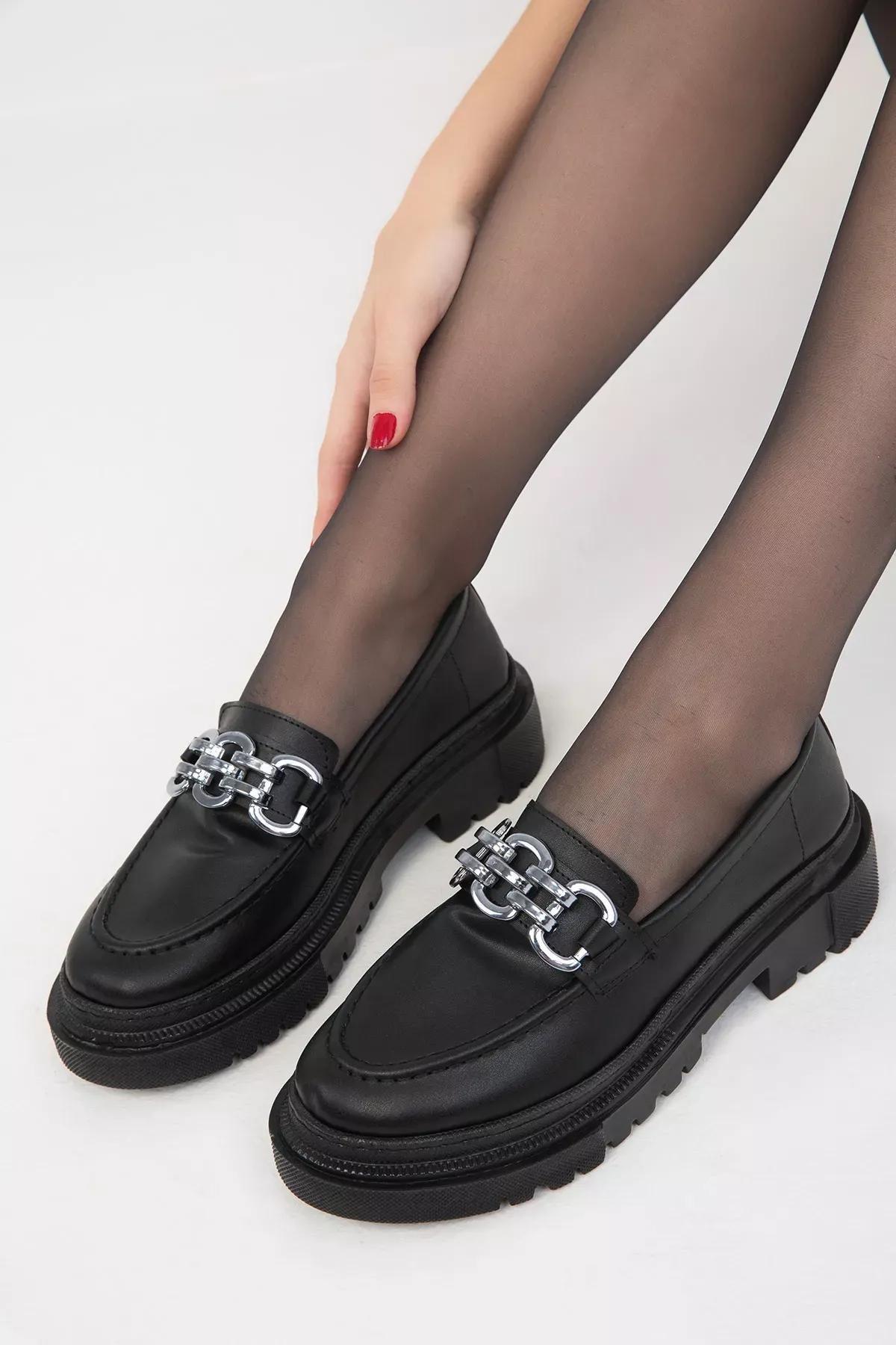 Black Chain Detailed Loafers, BLACK, medium